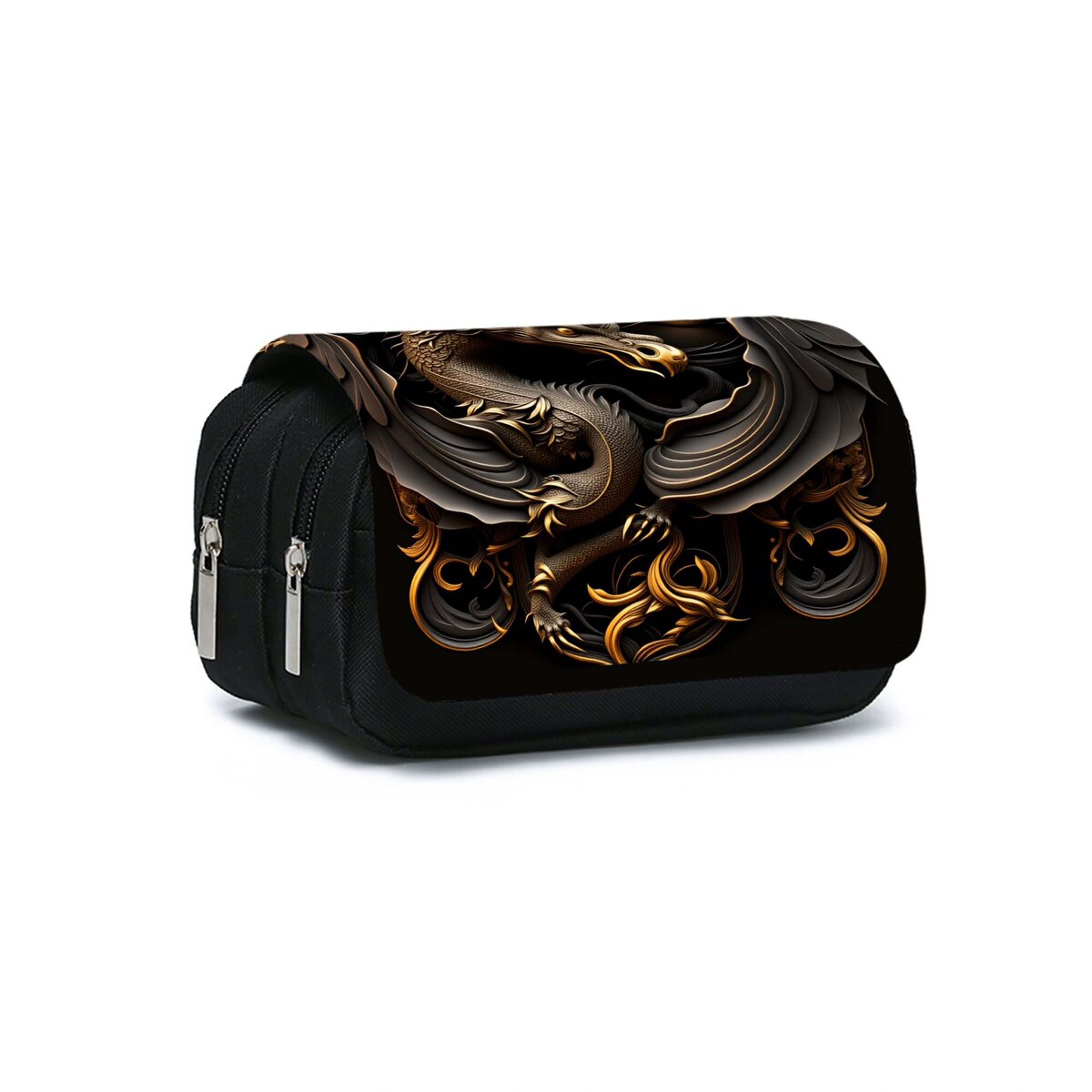 Metal Dragon Pattern Double Flip Pencil Case Stylish Fabric Pouch for School Office Supplies – view 1