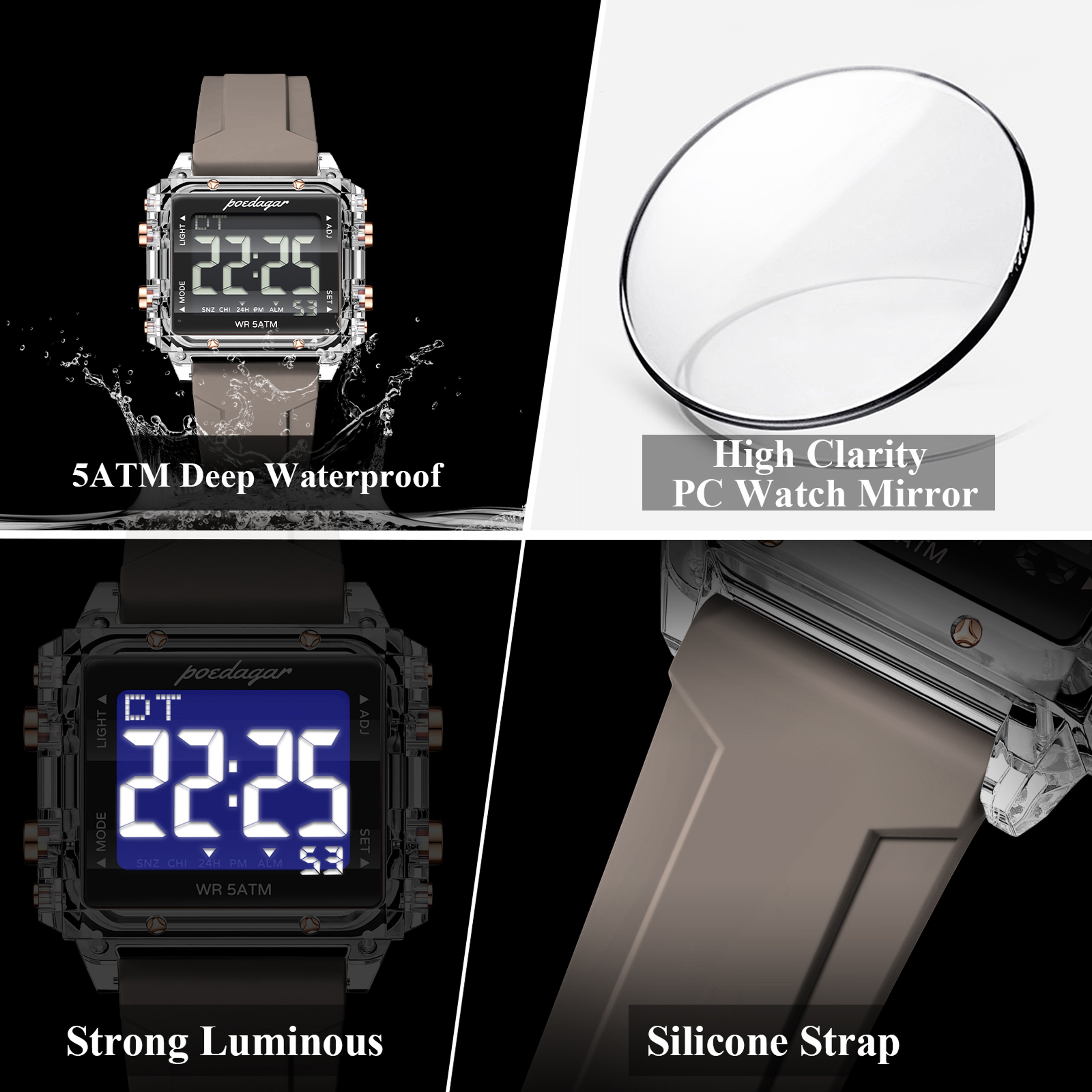 Creative Digital Men Watch With LED Display Alarm Waterproof Sports Wristwatch 3