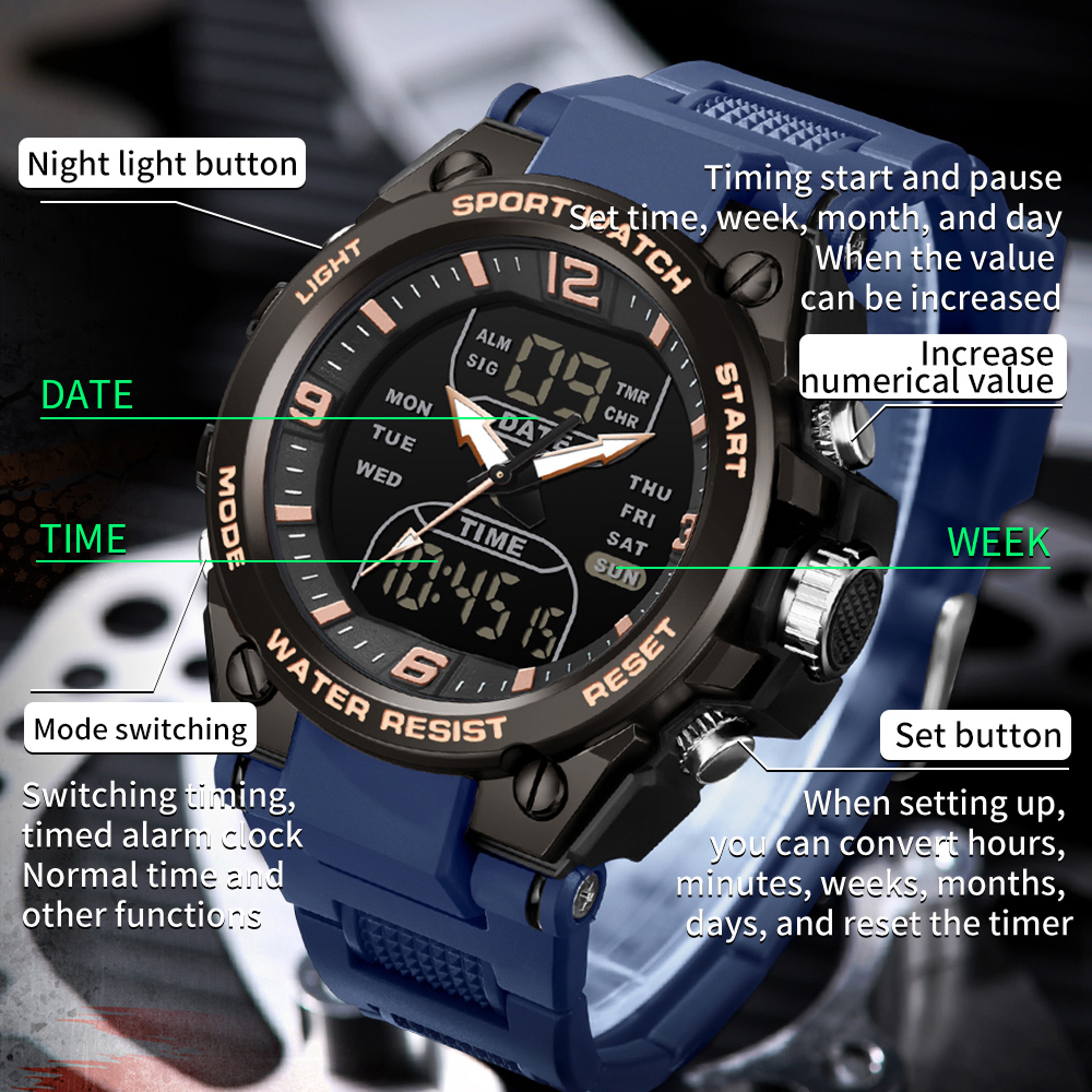 Men Digital Quartz Chronograph Watch Waterproof Luminous Double Display Sports Wristwatch 3