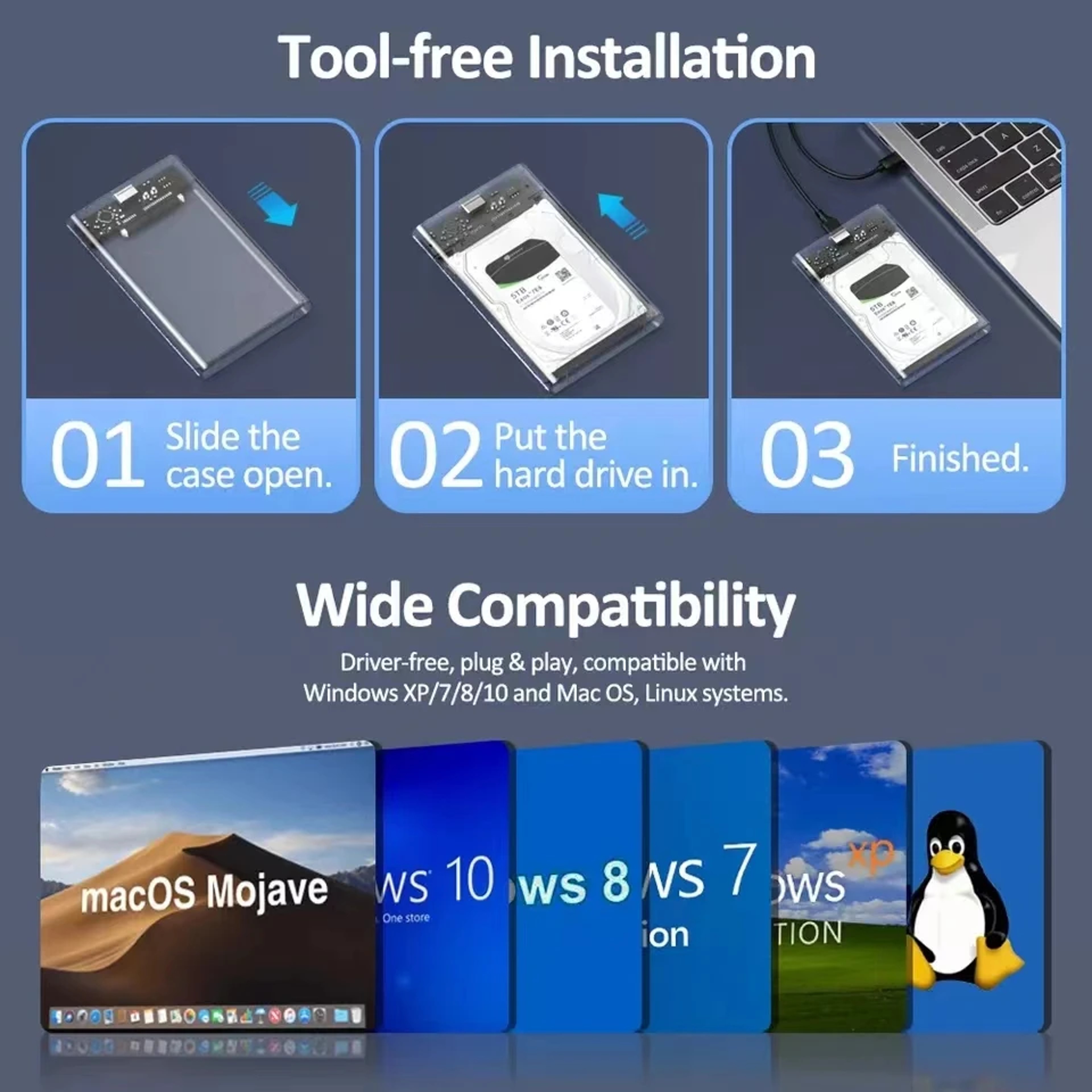 USB Type C SATA SSD HDD Enclosure Tool Free Clear External Hard Drive Case – view 5