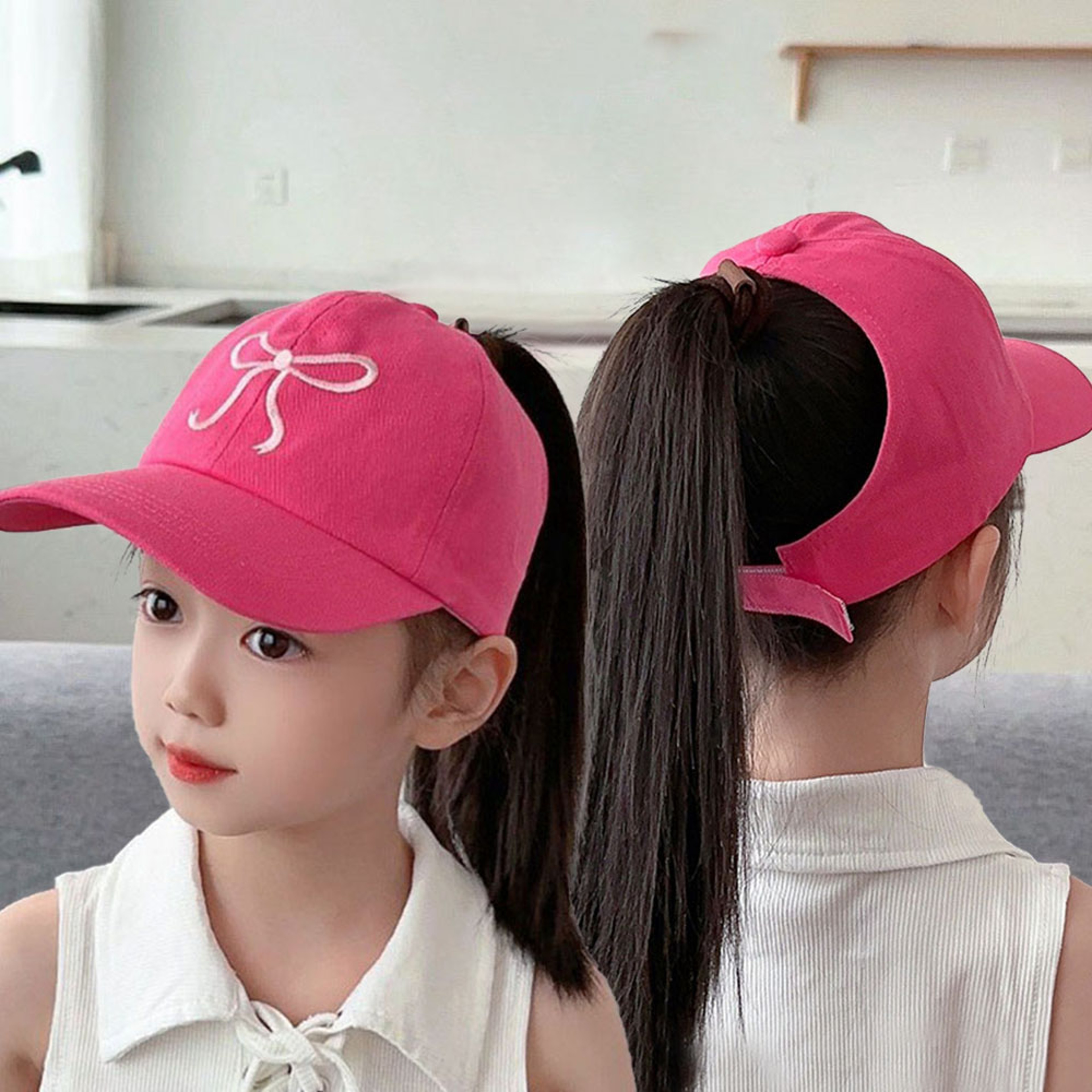 Kids Ponytail Baseball Cap Bow Embroidered Sun Hat for Outdoor Play – view 1