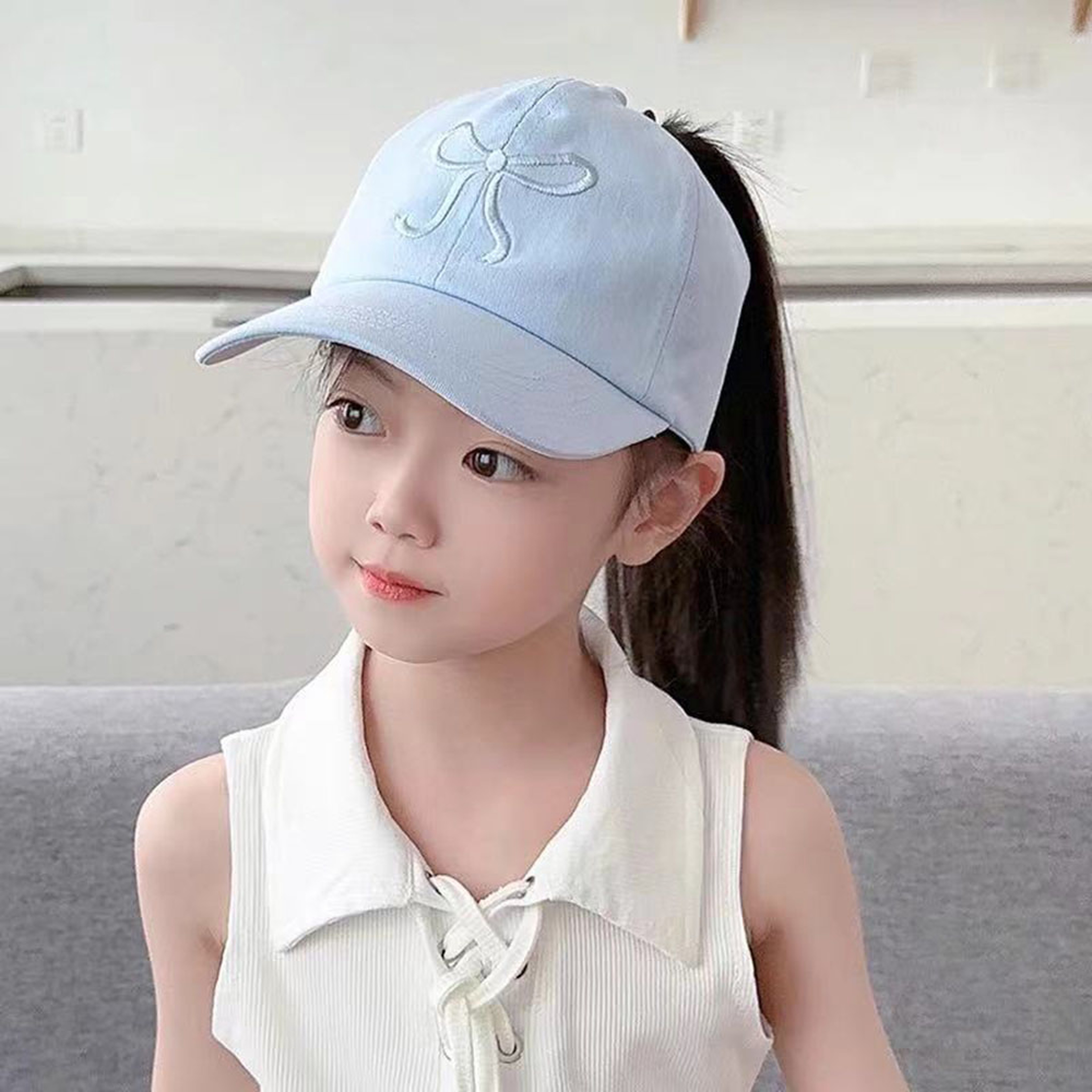 Kids Ponytail Baseball Cap Bow Embroidered Sun Hat for Outdoor Play – view 7