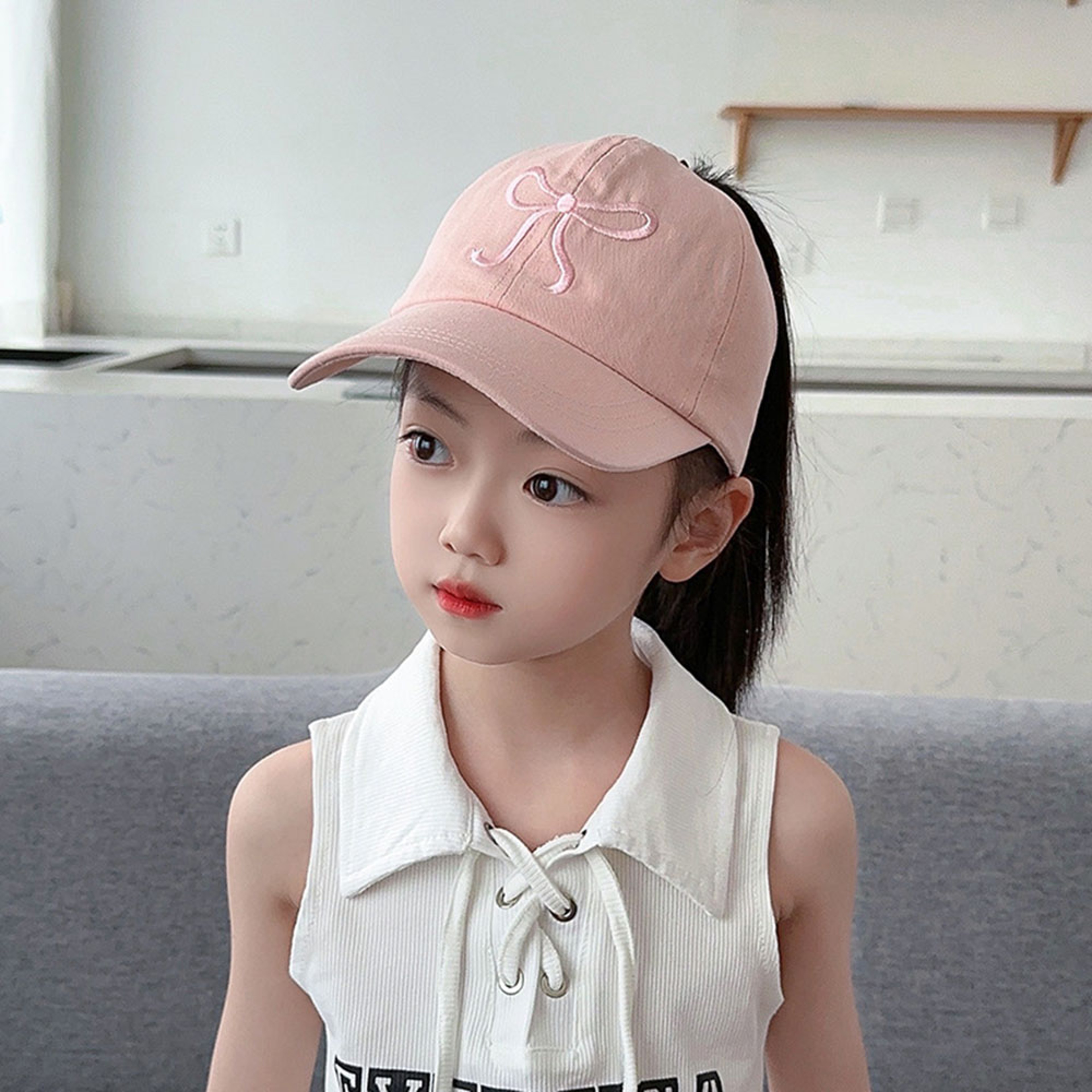 Kids Ponytail Baseball Cap Bow Embroidered Sun Hat for Outdoor Play – view 10