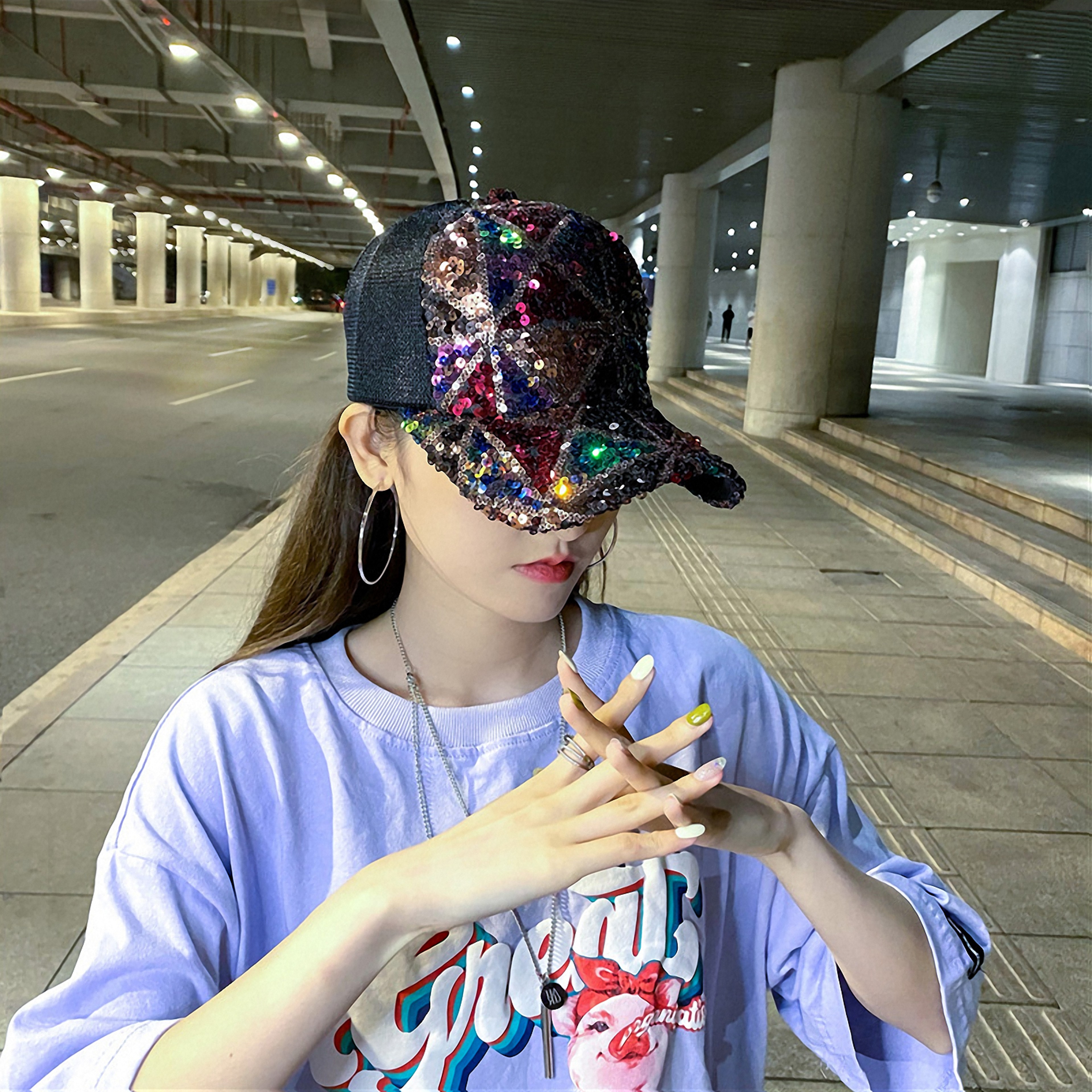 Shiny Sequin Mesh Baseball Cap Adjustable Summer Sun Hat 2