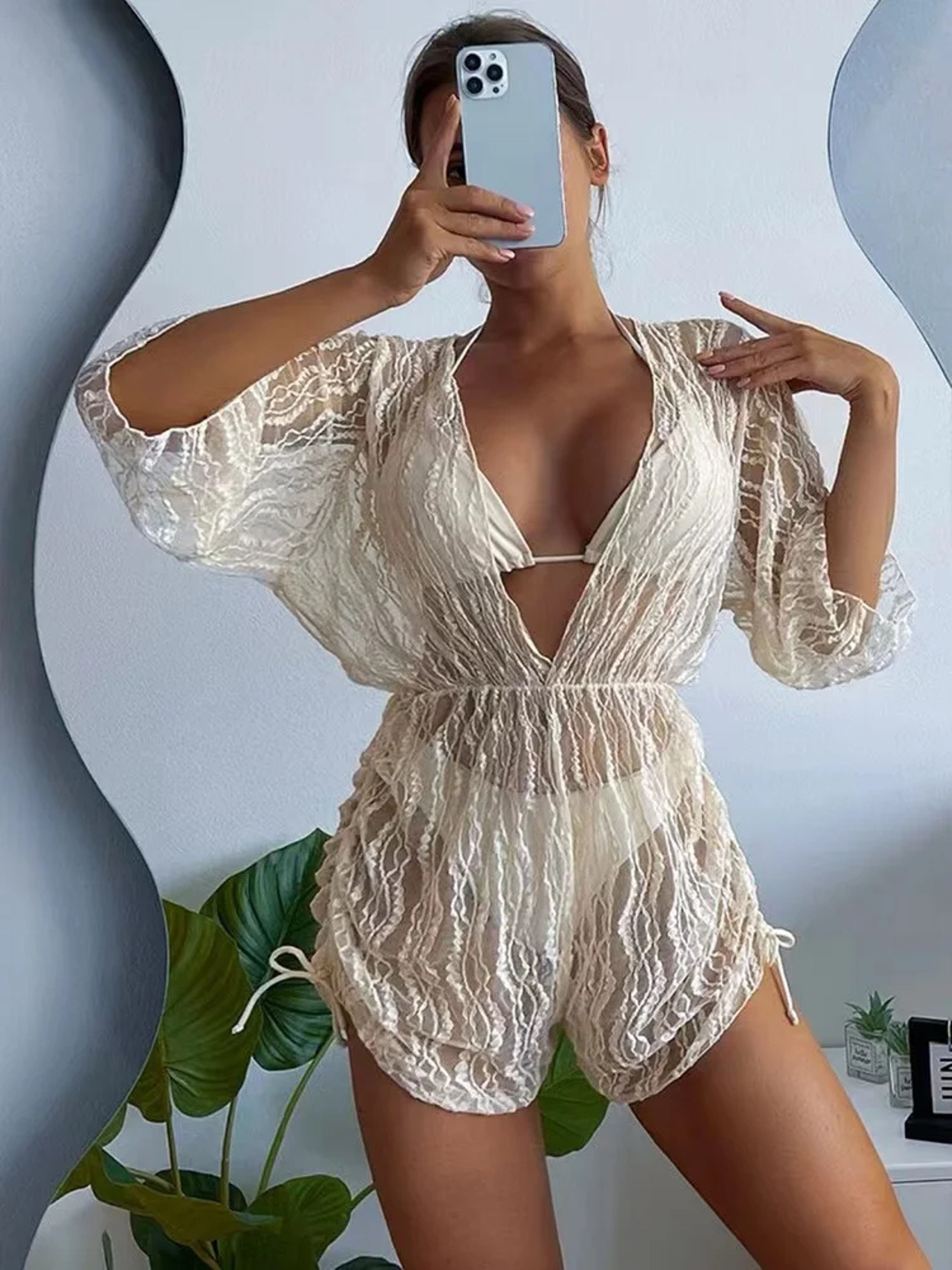 Lace Hollow Bikini Set With Pleated Beach Cover Up Brazilian Swimwear – view 1