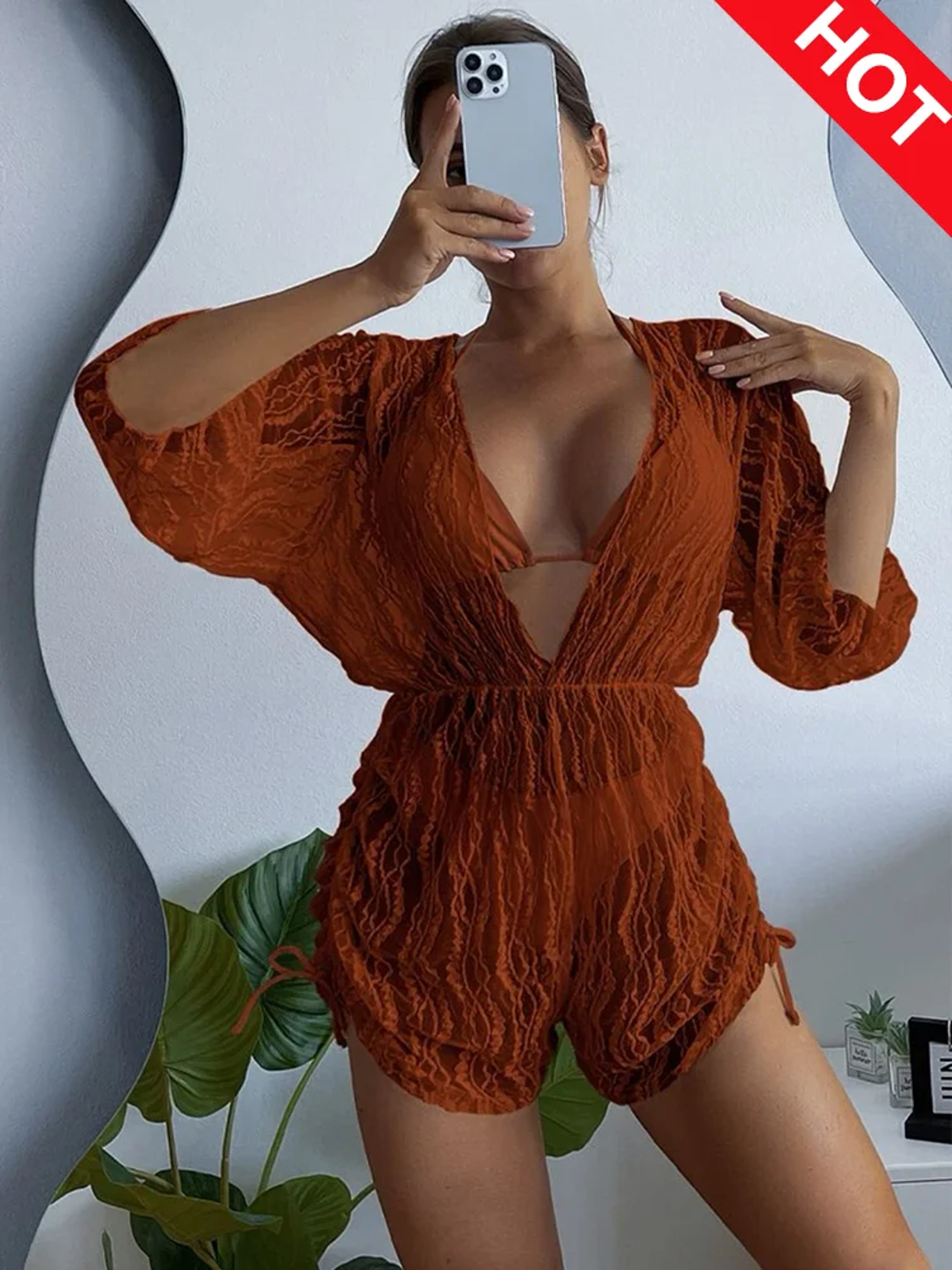 Lace Hollow Bikini Set With Pleated Beach Cover Up Brazilian Swimwear – view 11