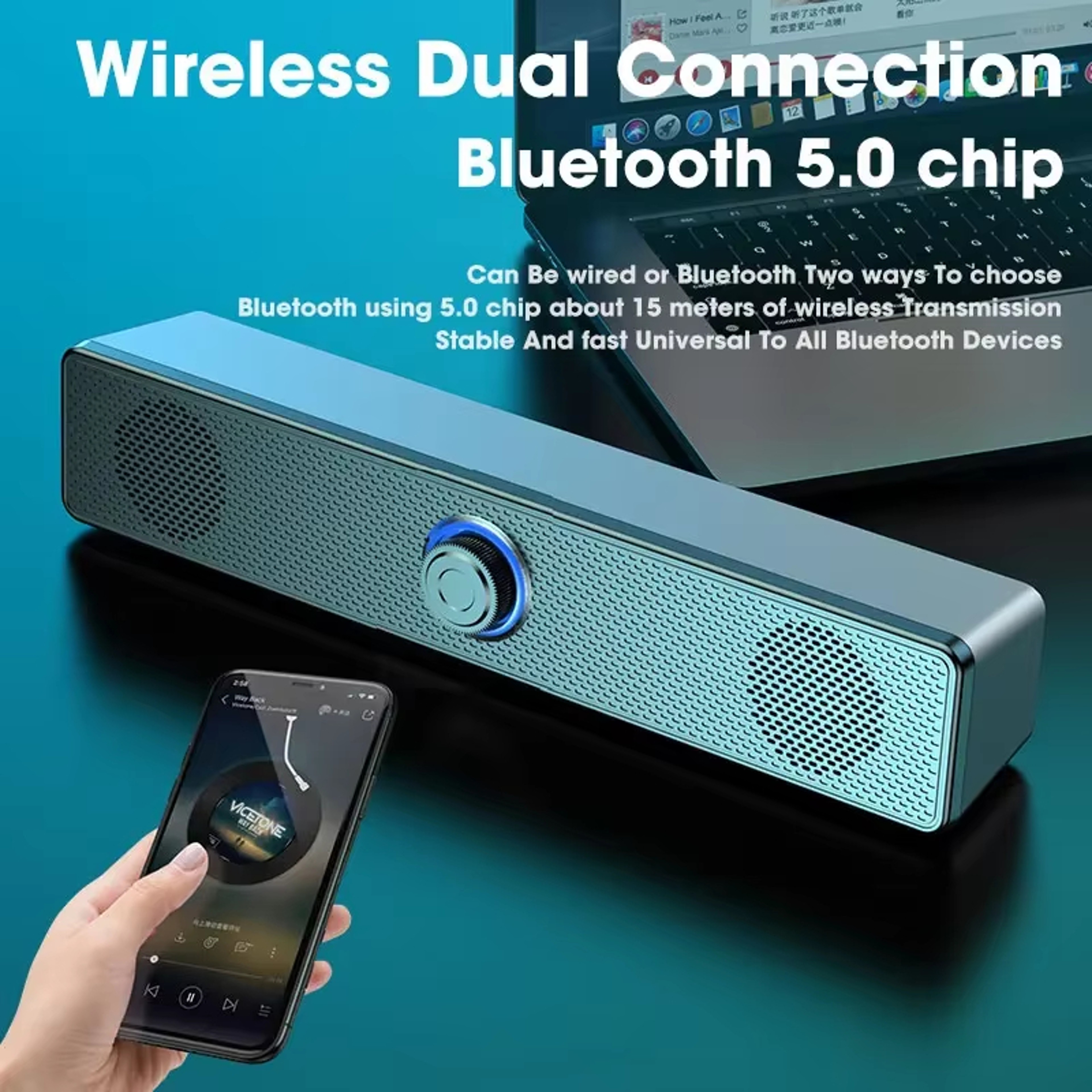 Bluetooth Computer Soundbar With Stereo Bass Built In Mic And USB Power 5