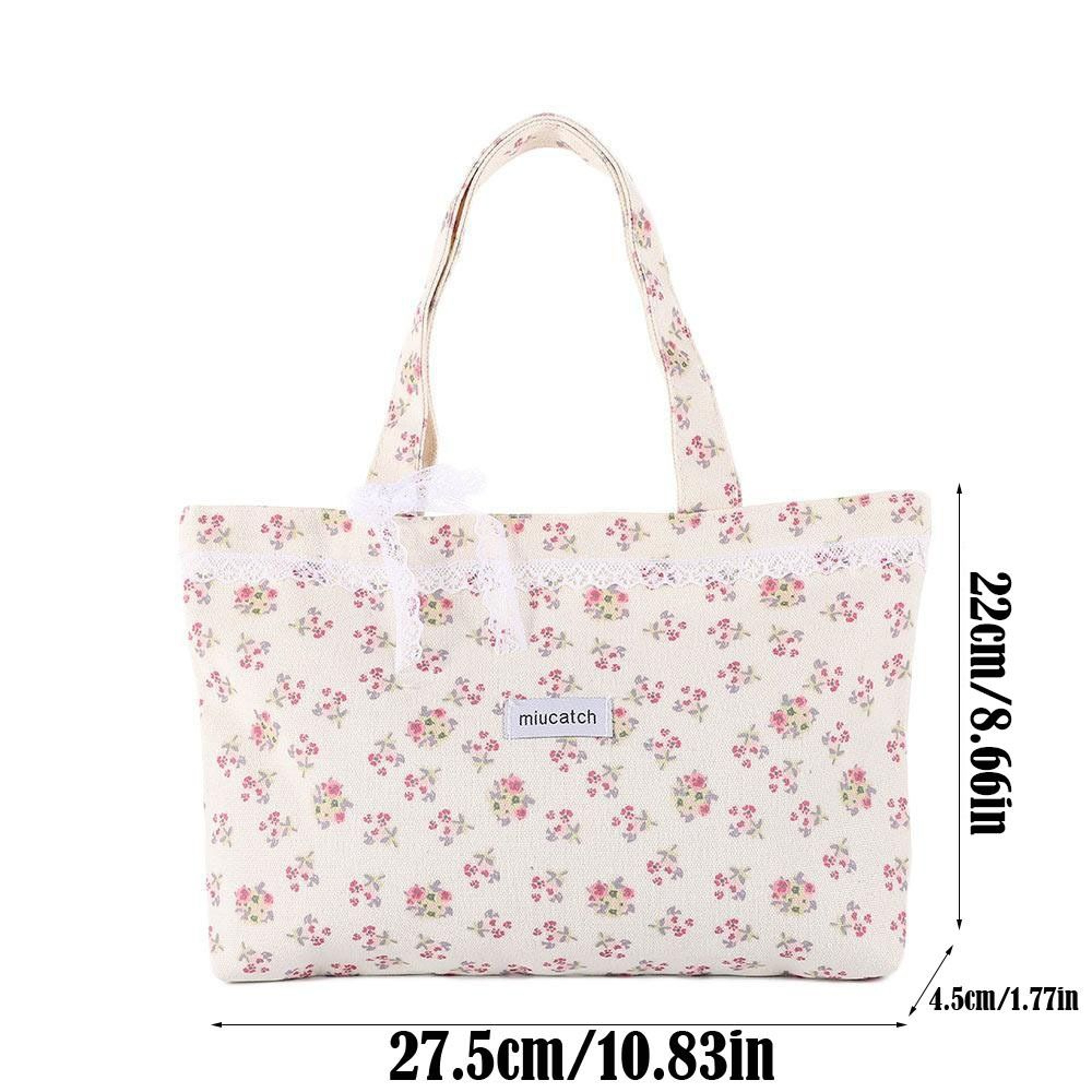 Large Capacity Floral Canvas Tote Bag with Lace Bow for Everyday Carry – view 5