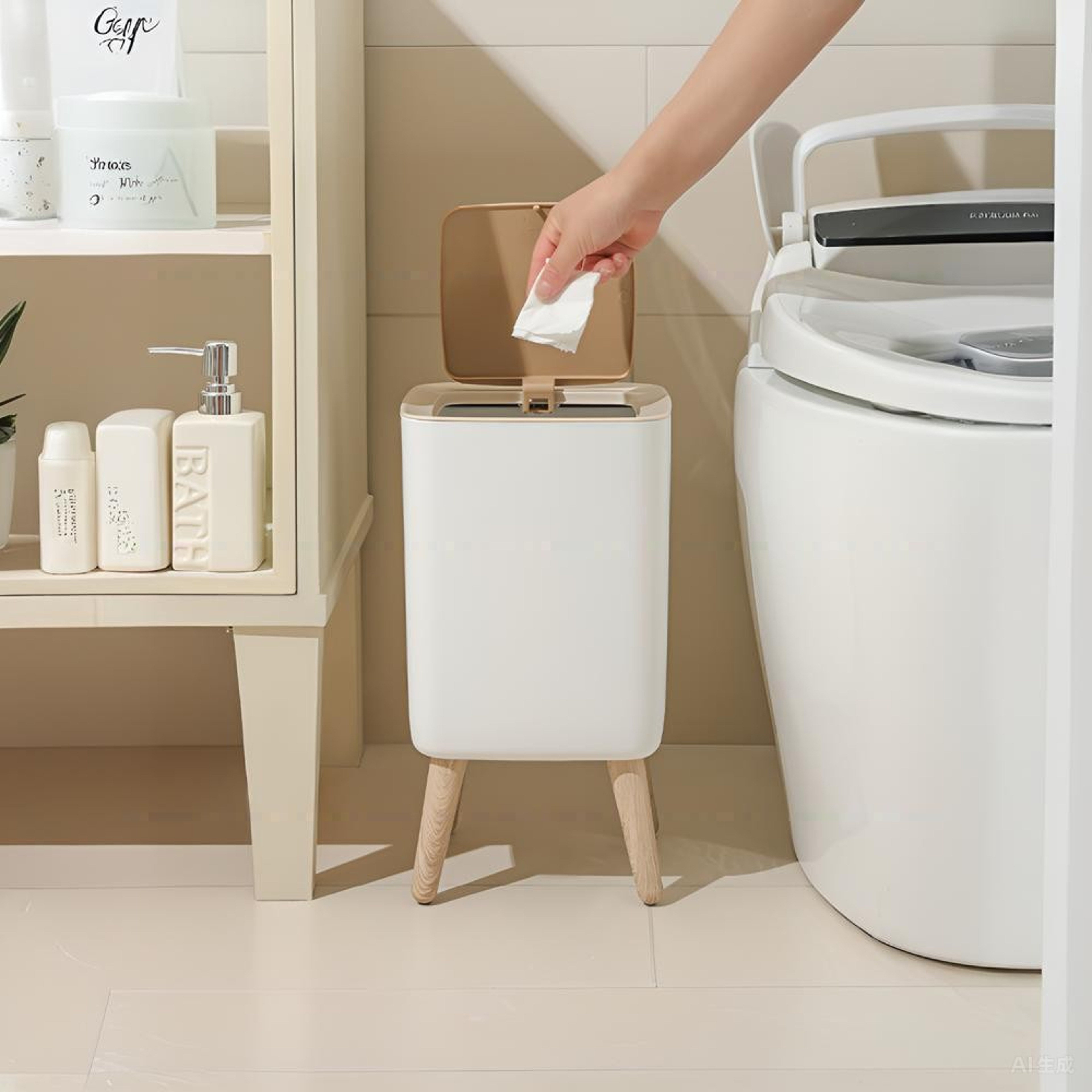 Modern Press Lid Trash Can with Wood Grain Design for Bedroom and Bathroom – view 2