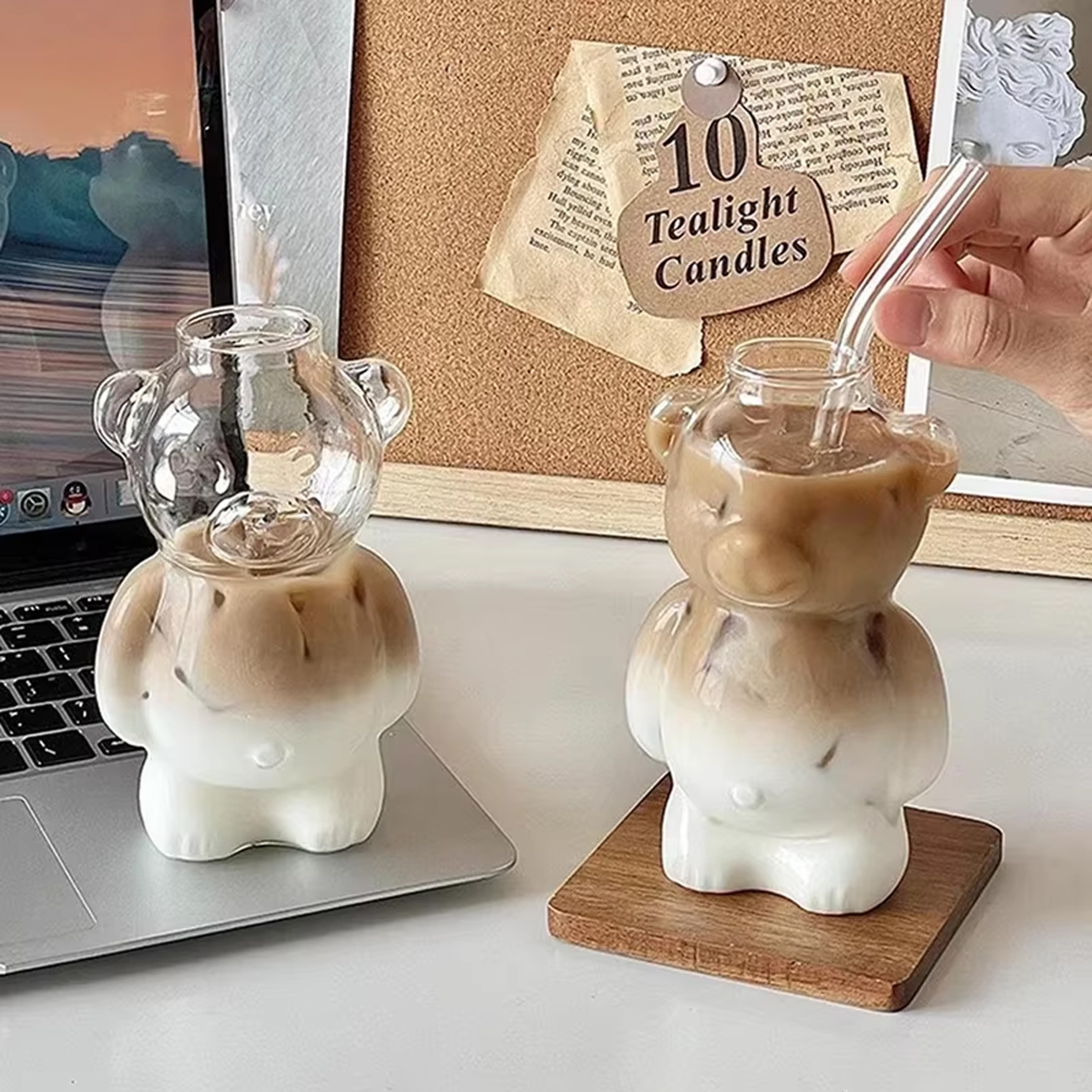Cute Bear Glass Cup with Straw Transparent Bear Shaped Coffee Mug – view 2