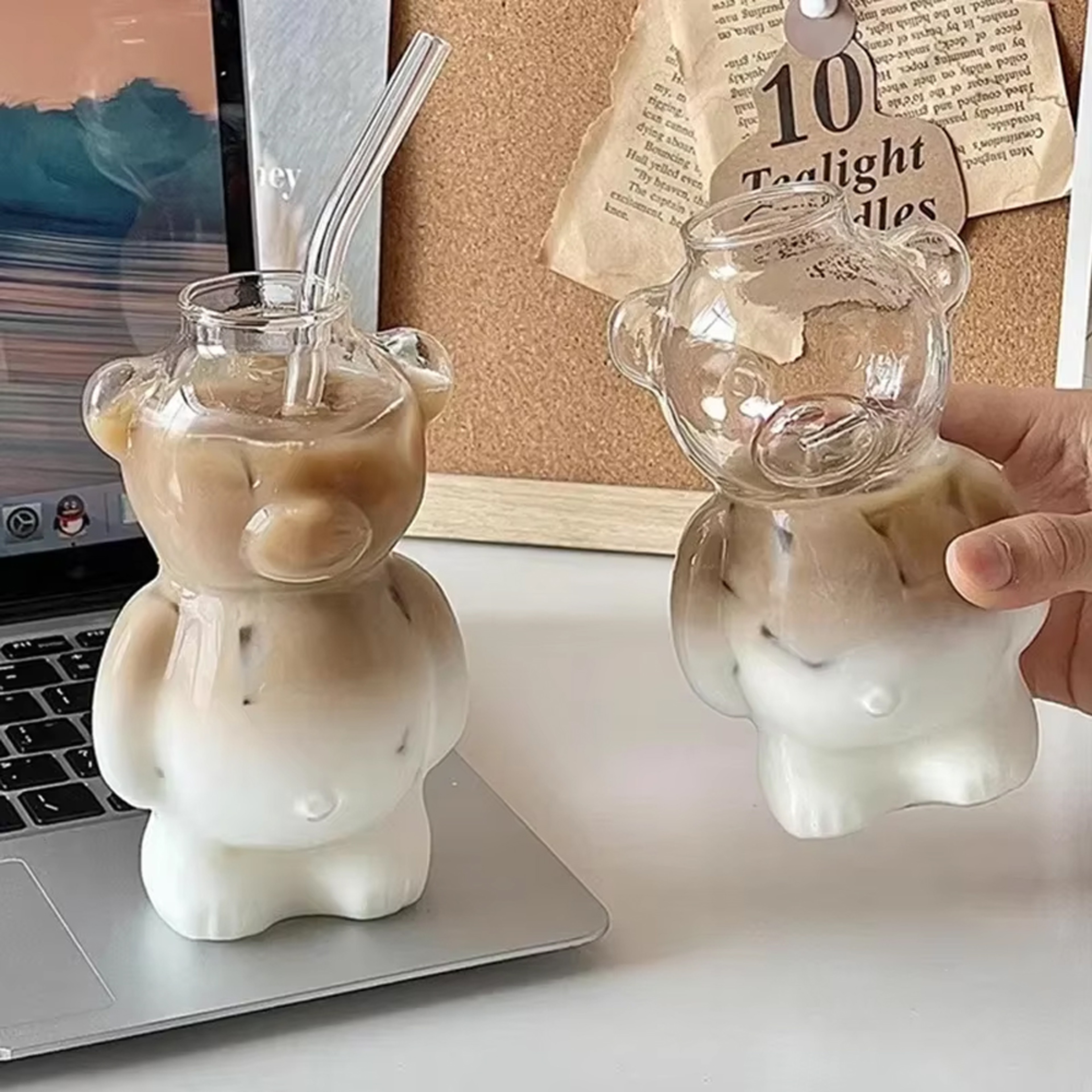 Cute Bear Glass Cup with Straw Transparent Bear Shaped Coffee Mug – view 3