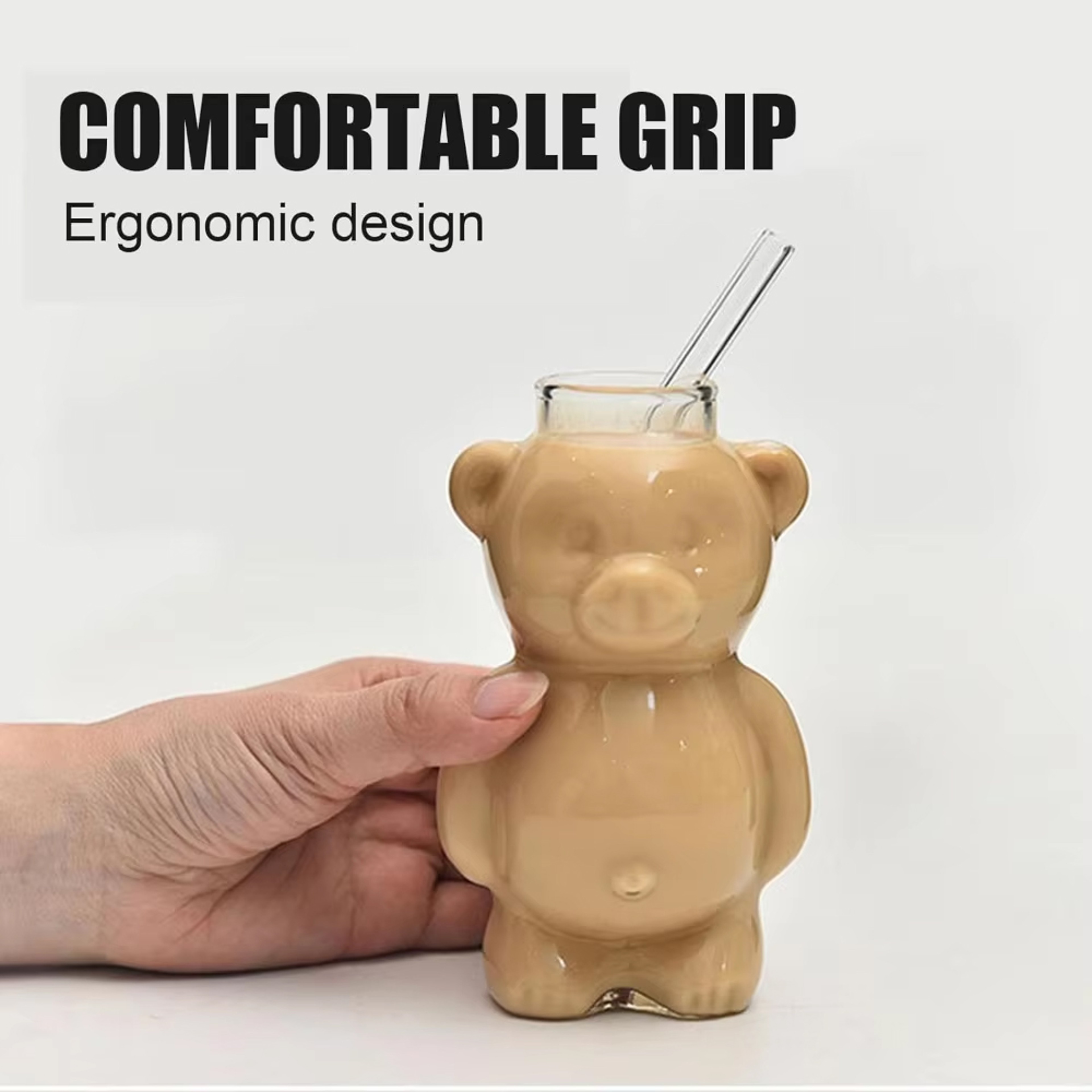 Cute Bear Glass Cup with Straw Transparent Bear Shaped Coffee Mug – view 5