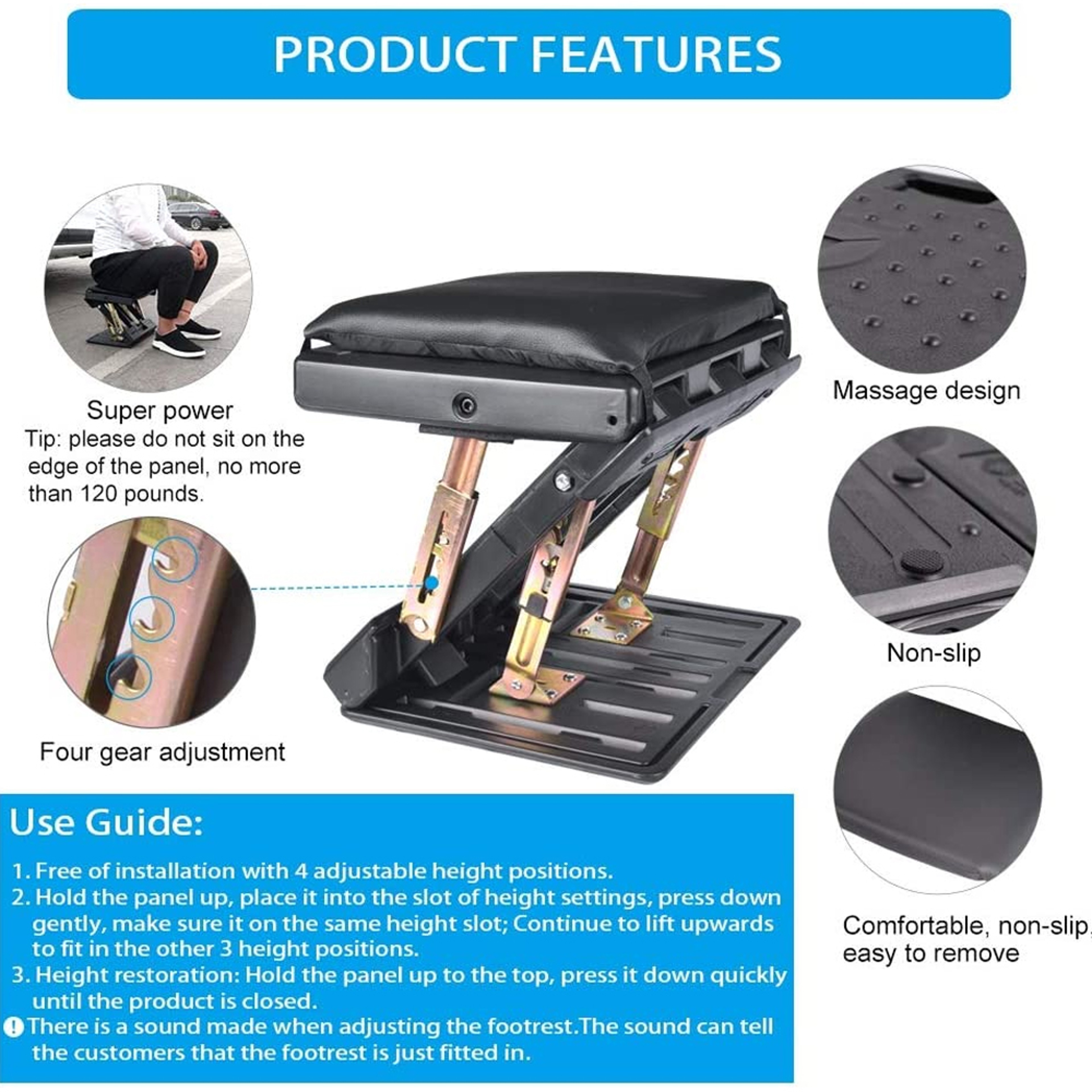 Adjustable Under Desk Footrest with Soft Pad Massage Beads and Four Level Height Support – view 5