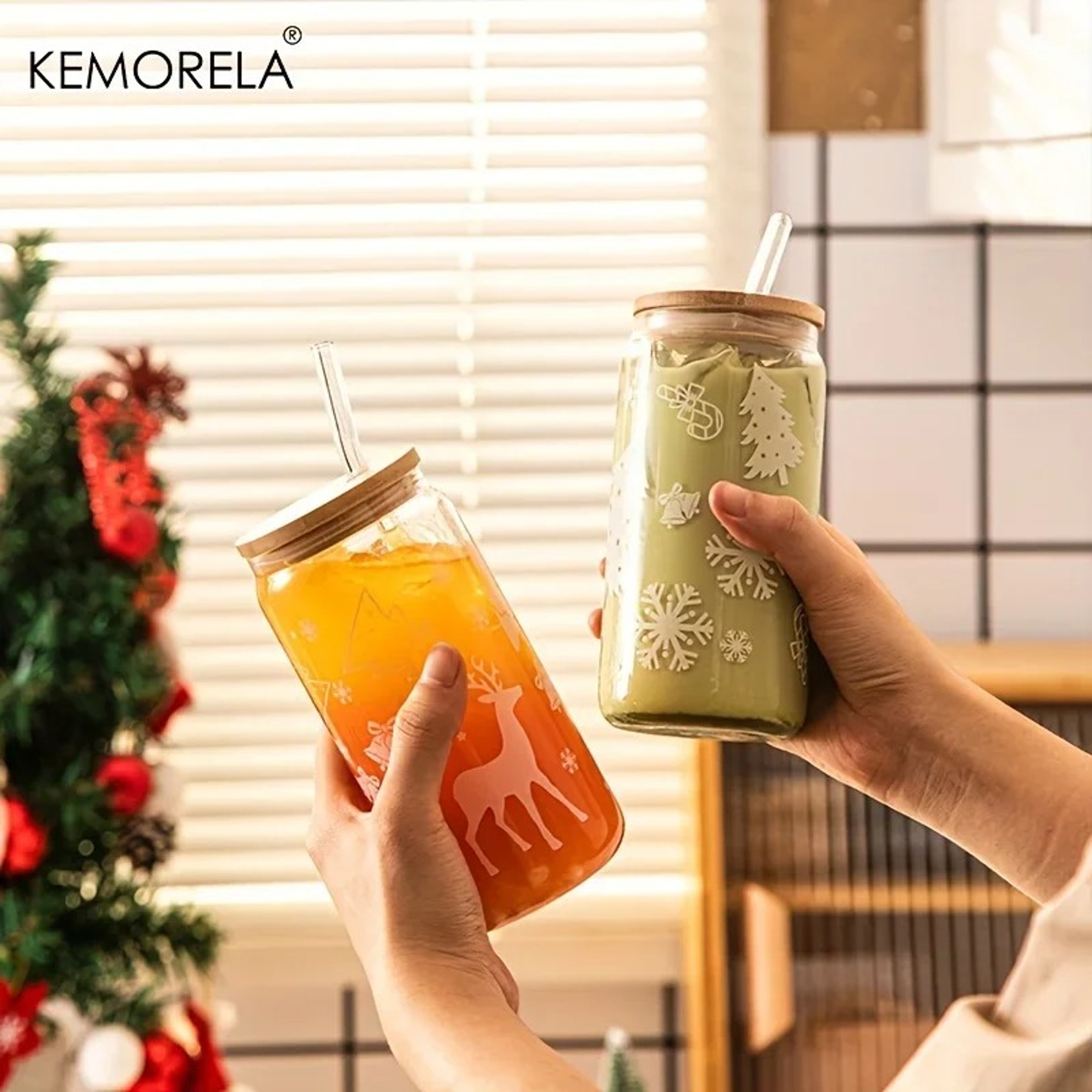 Christmas Glass Tumbler With Lid And Straw Festive Tree Elk Holiday Drink Cup 3