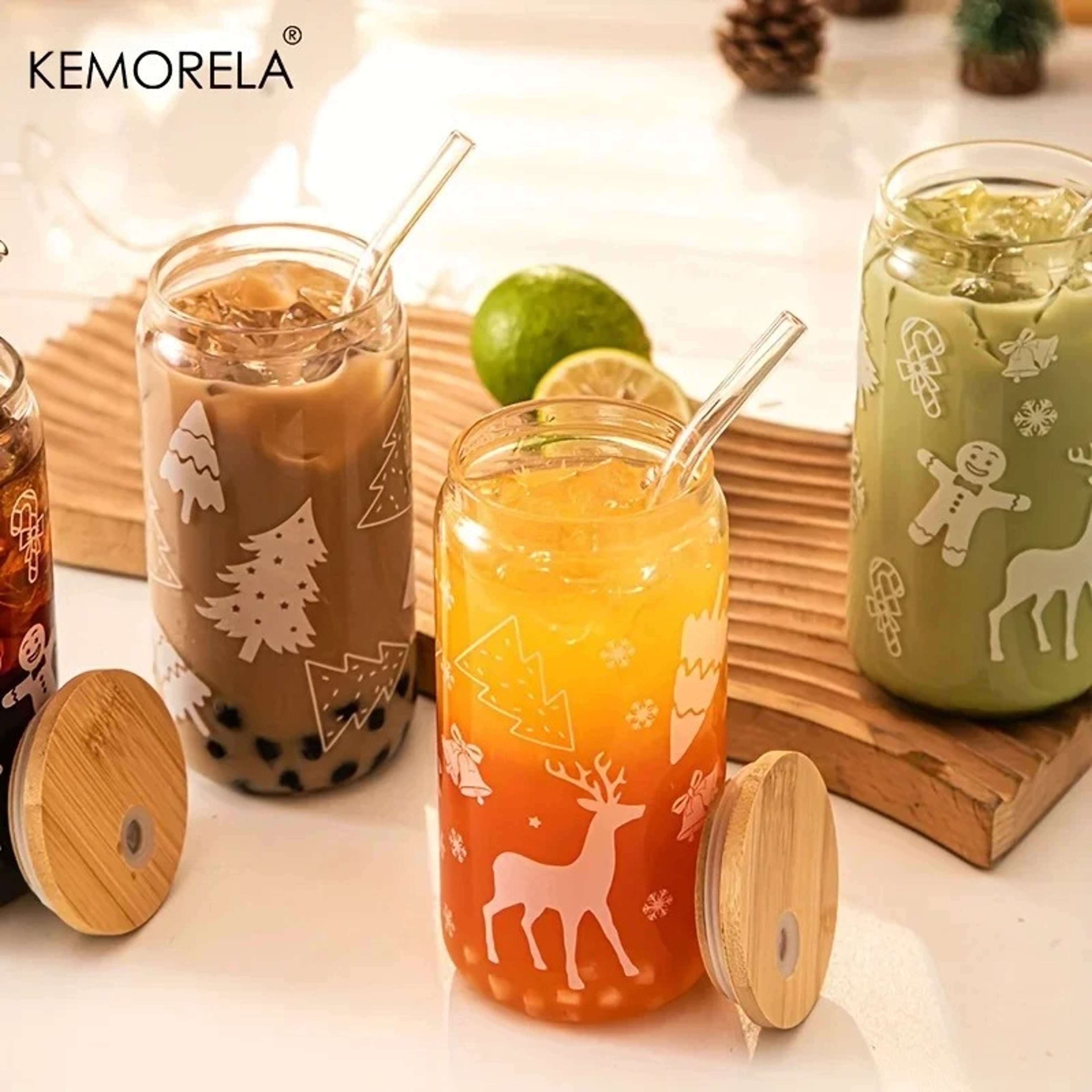 Christmas Glass Tumbler With Lid And Straw Festive Tree Elk Holiday Drink Cup 2