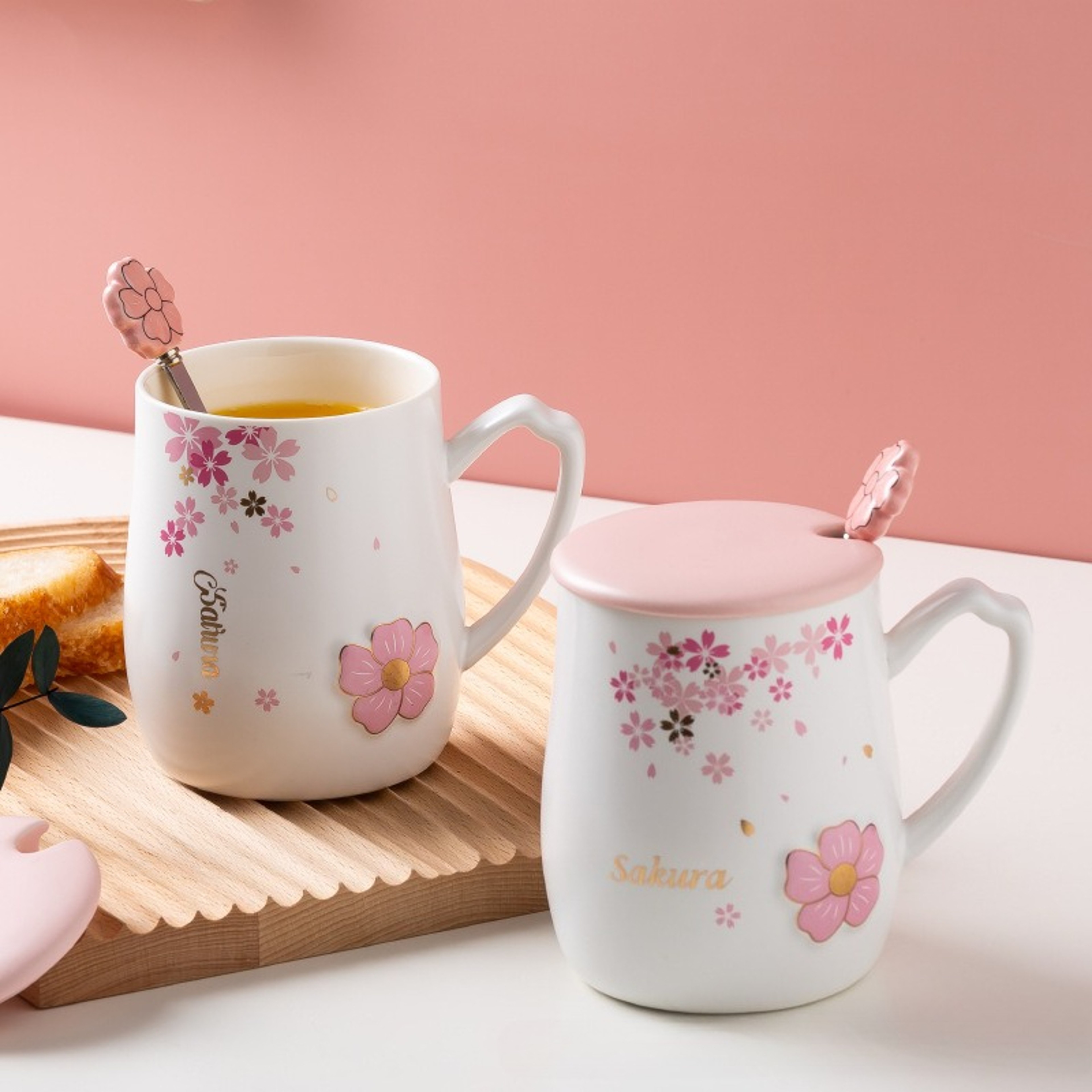 Cherry Blossom Ceramic Mug With Lid And Spoon Heat Resistant Coffee And Tea Cup 0