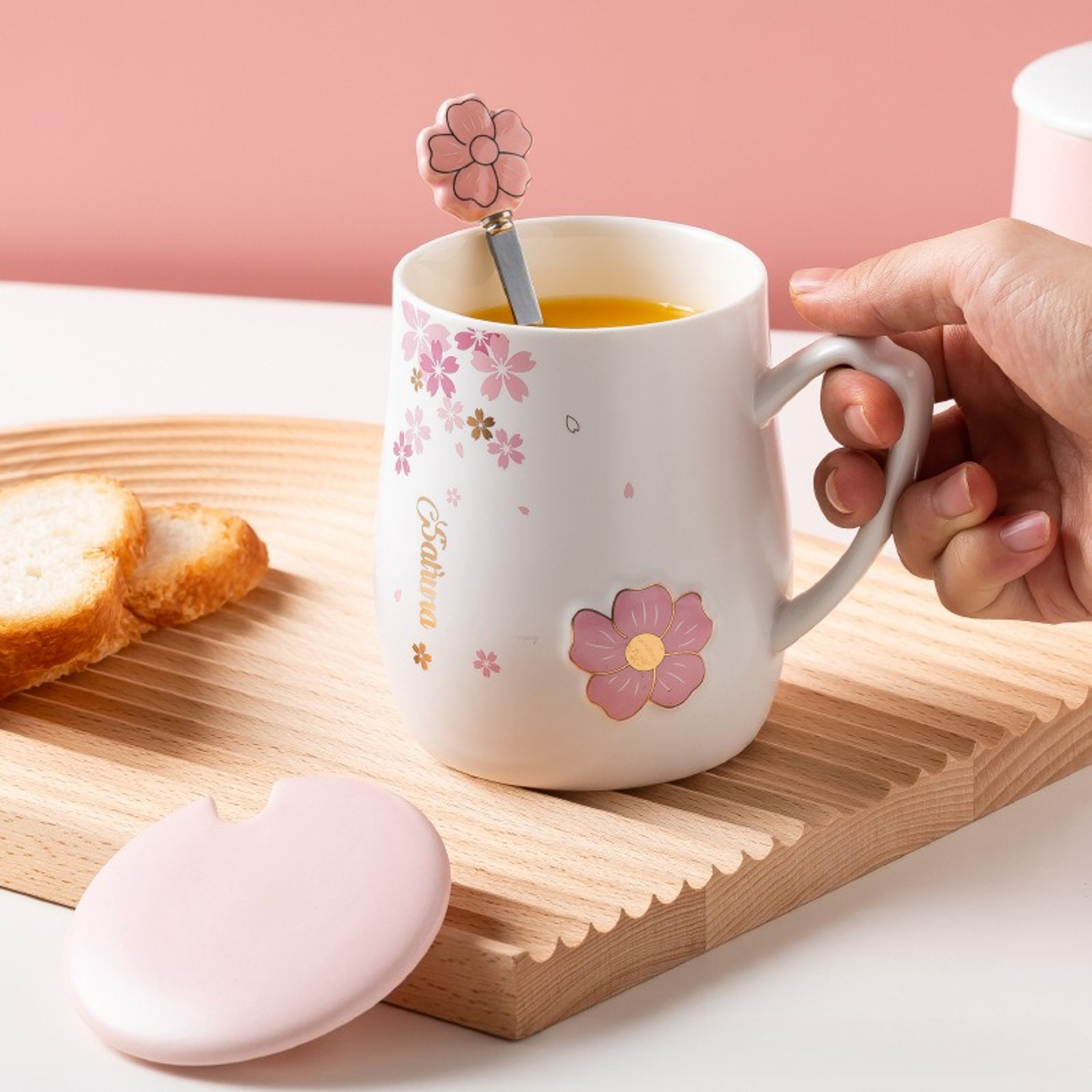 Cherry Blossom Ceramic Mug With Lid And Spoon Heat Resistant Coffee And Tea Cup 3
