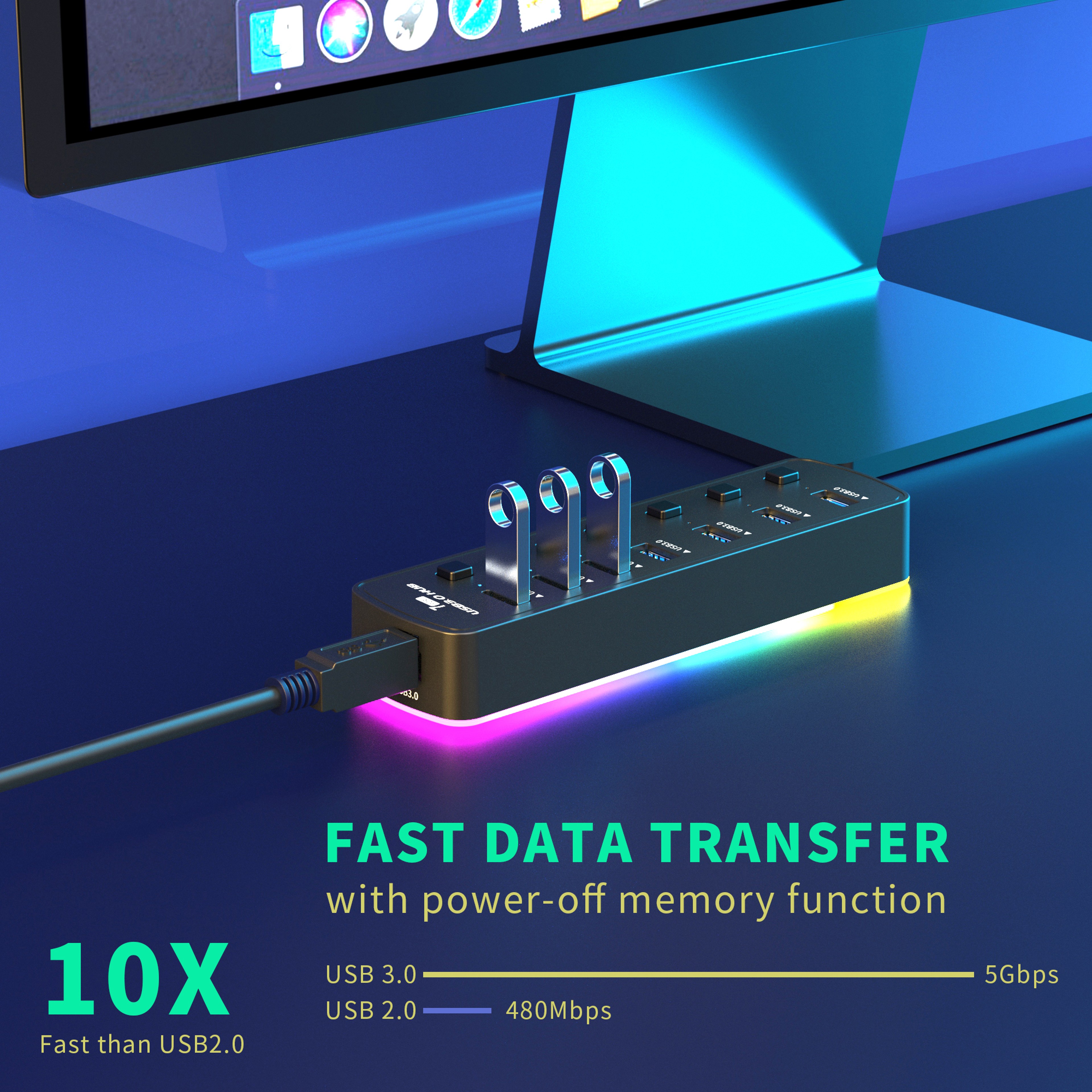 RGB USB Hub with High Speed Data Transfer and Individual On Off Switches – view 3