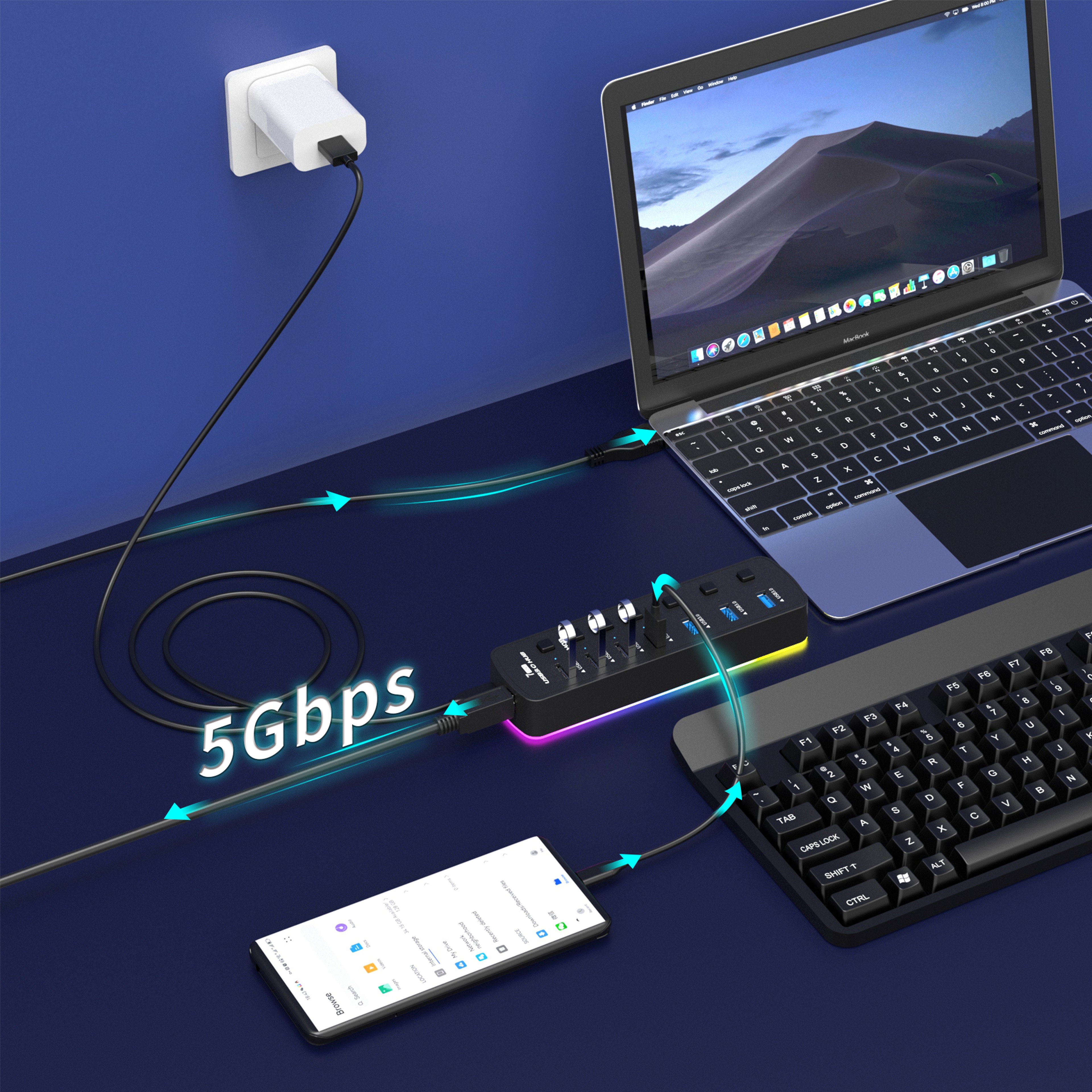 RGB USB Hub with High Speed Data Transfer and Individual On Off Switches – view 5