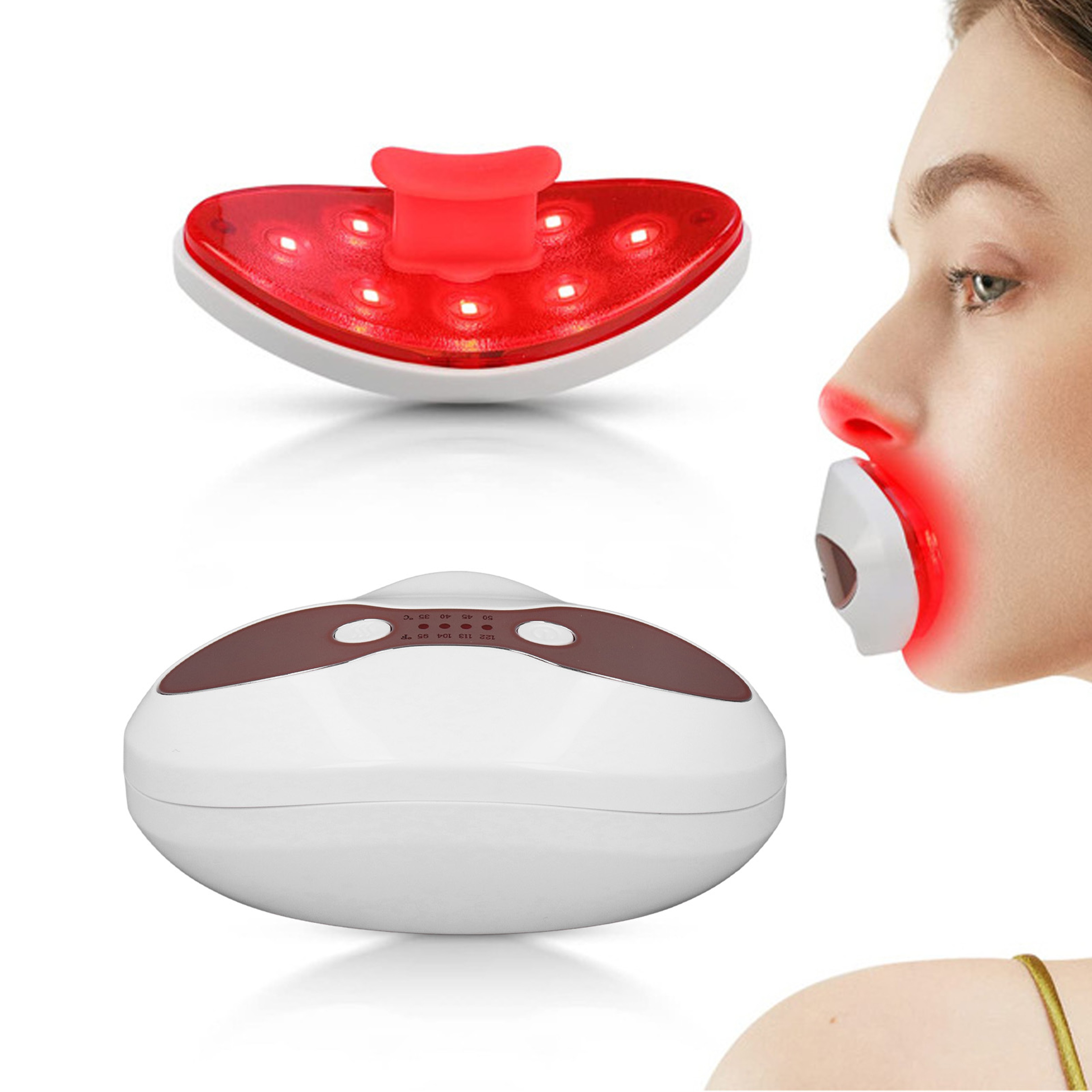 Red LED Lip and Eye Care Device with Adjustable Heat and Lip Plumping Support – view 1