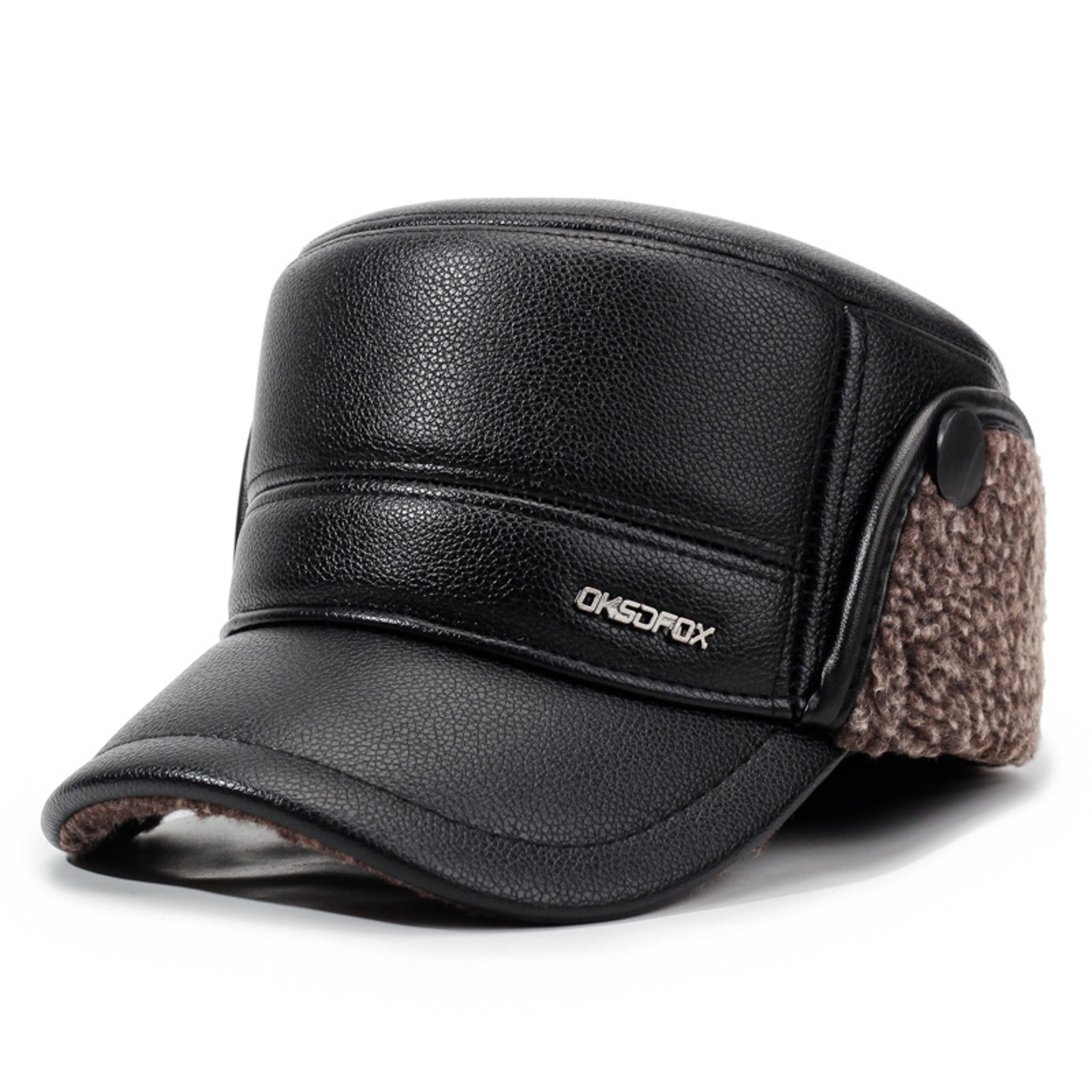 Mens Winter Leather Cap Fleece Lined Flat Top Hat with Ear Protection – view 7