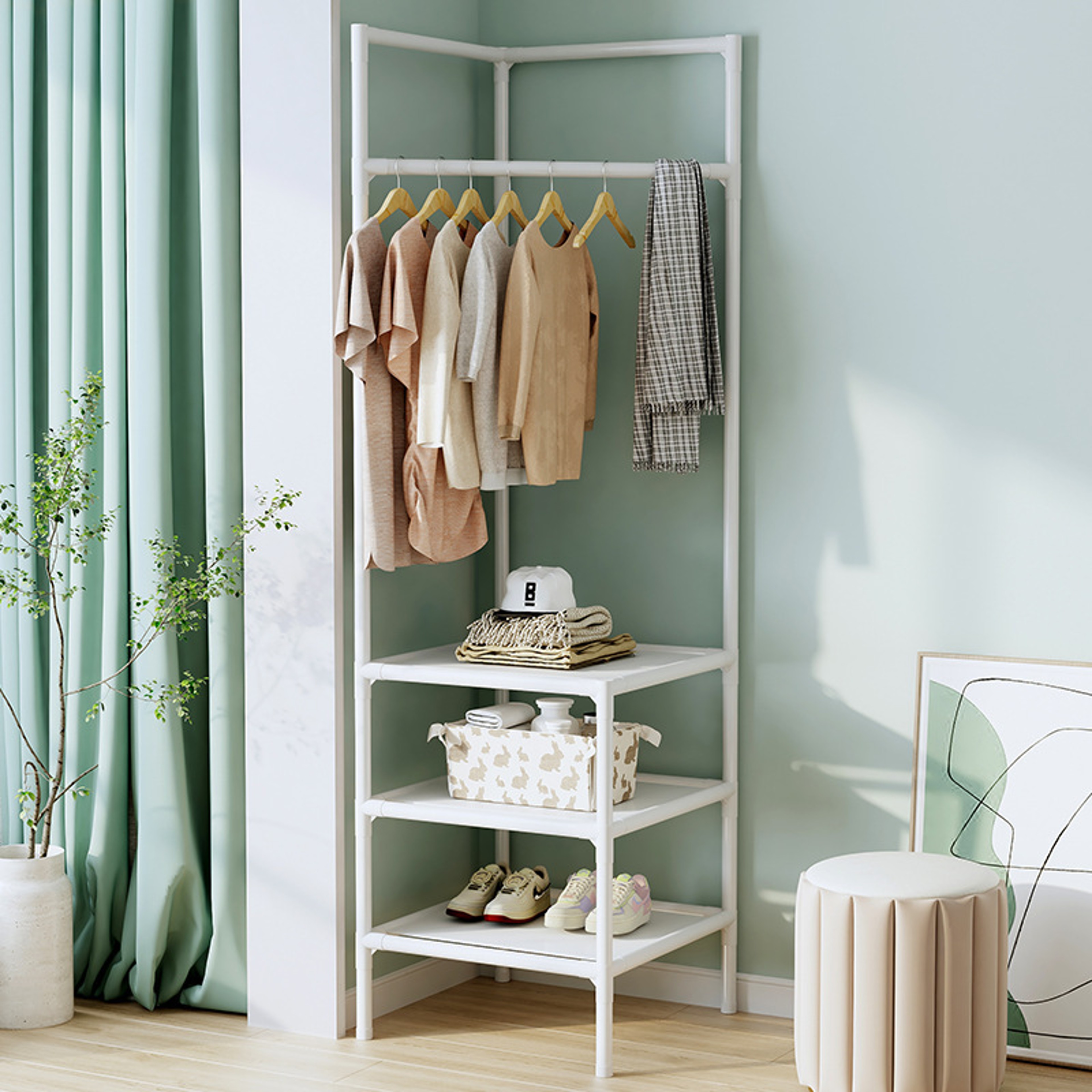 Space Saving Corner Coat Rack With Multi Layer Clothing Storage Shelf 1