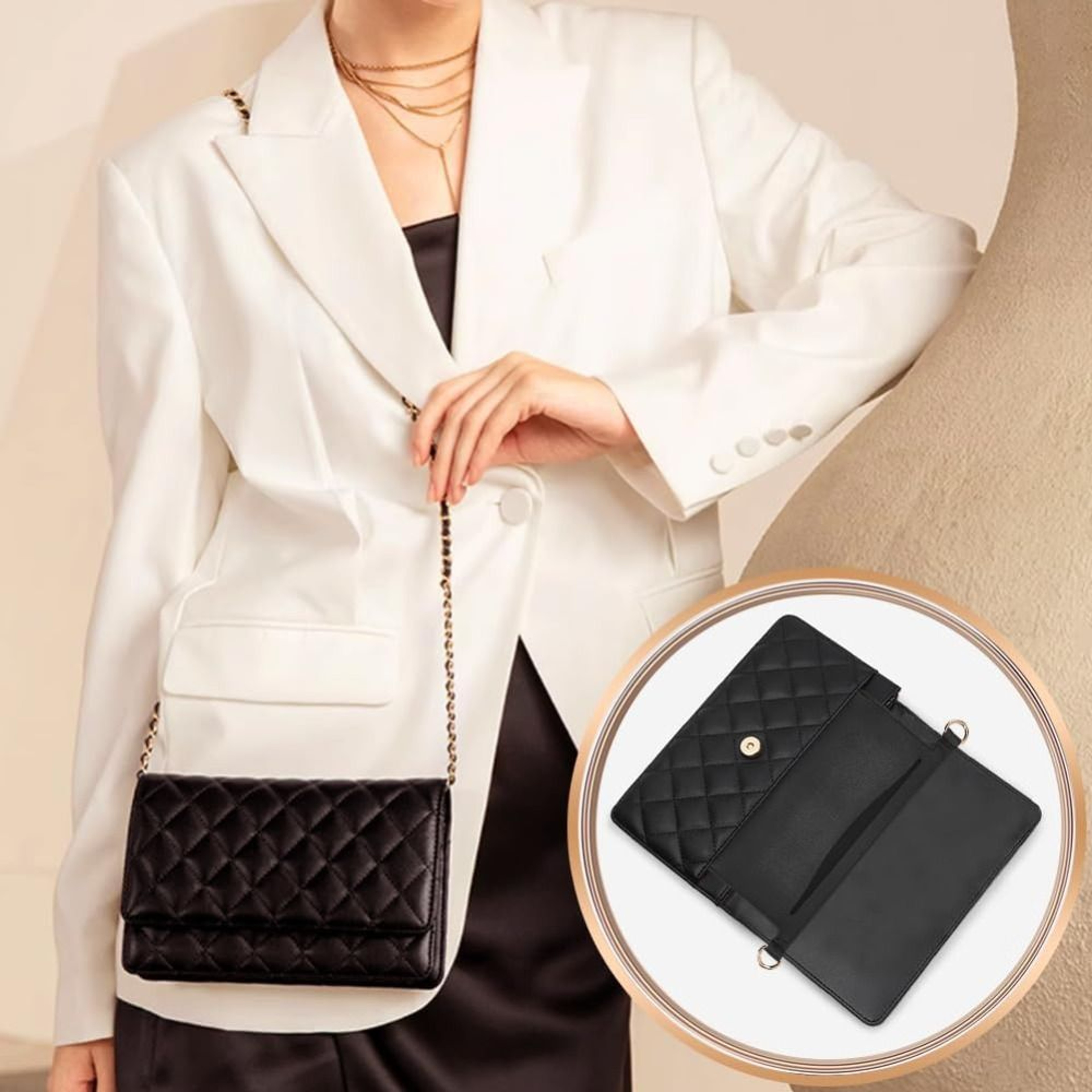 PU Leather Wallet Insert For Chain Strap With D Rings Purse Organizer Liner 5