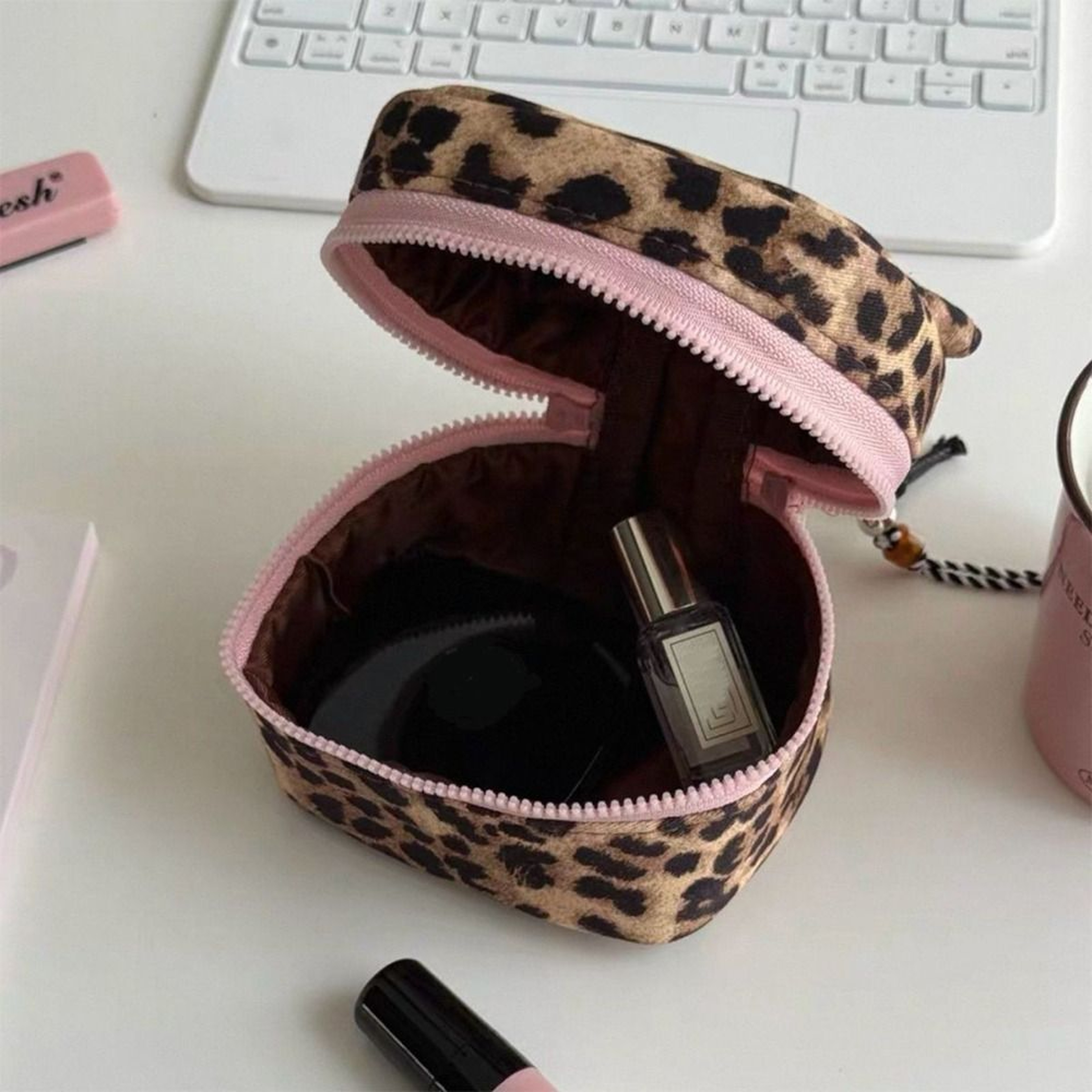 Leopard Print Square Storage Box Handheld Zipper Makeup Bag With Mirror 3
