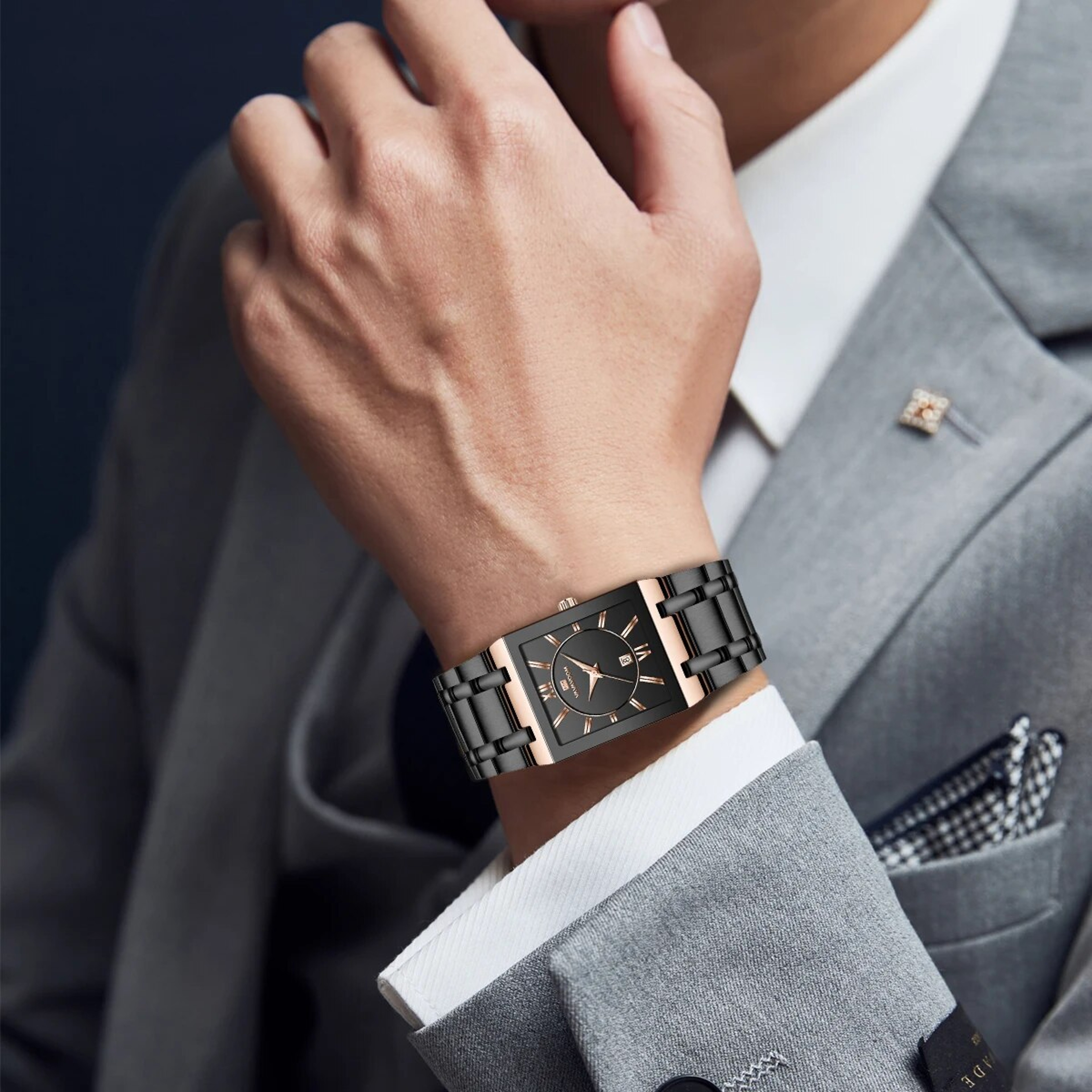 Rectangular Stainless Steel Business Quartz Watch with Calendar – view 6