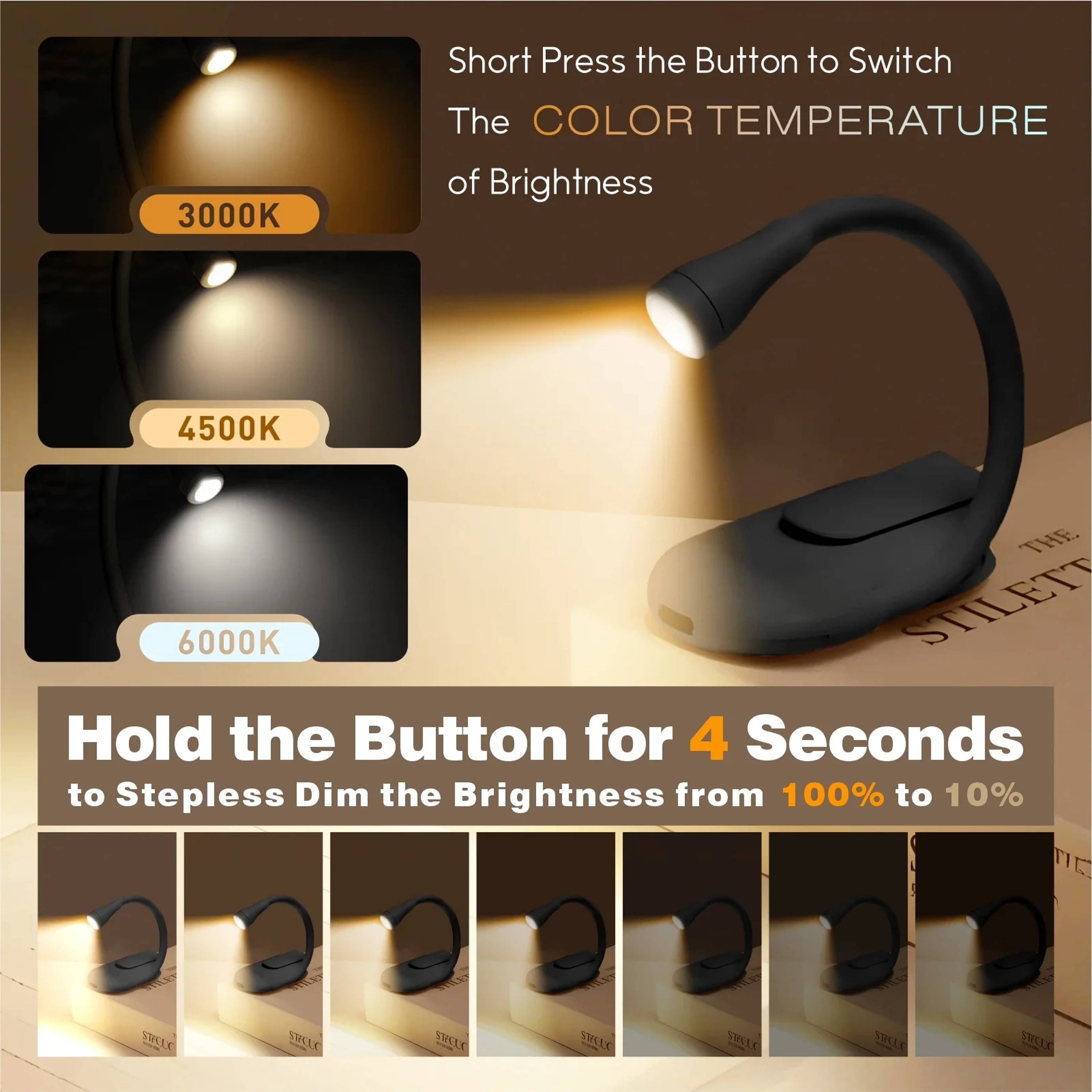 Rechargeable LED Book Reading Light With Three Color Modes And 360 Degree Adjustable Clip 3