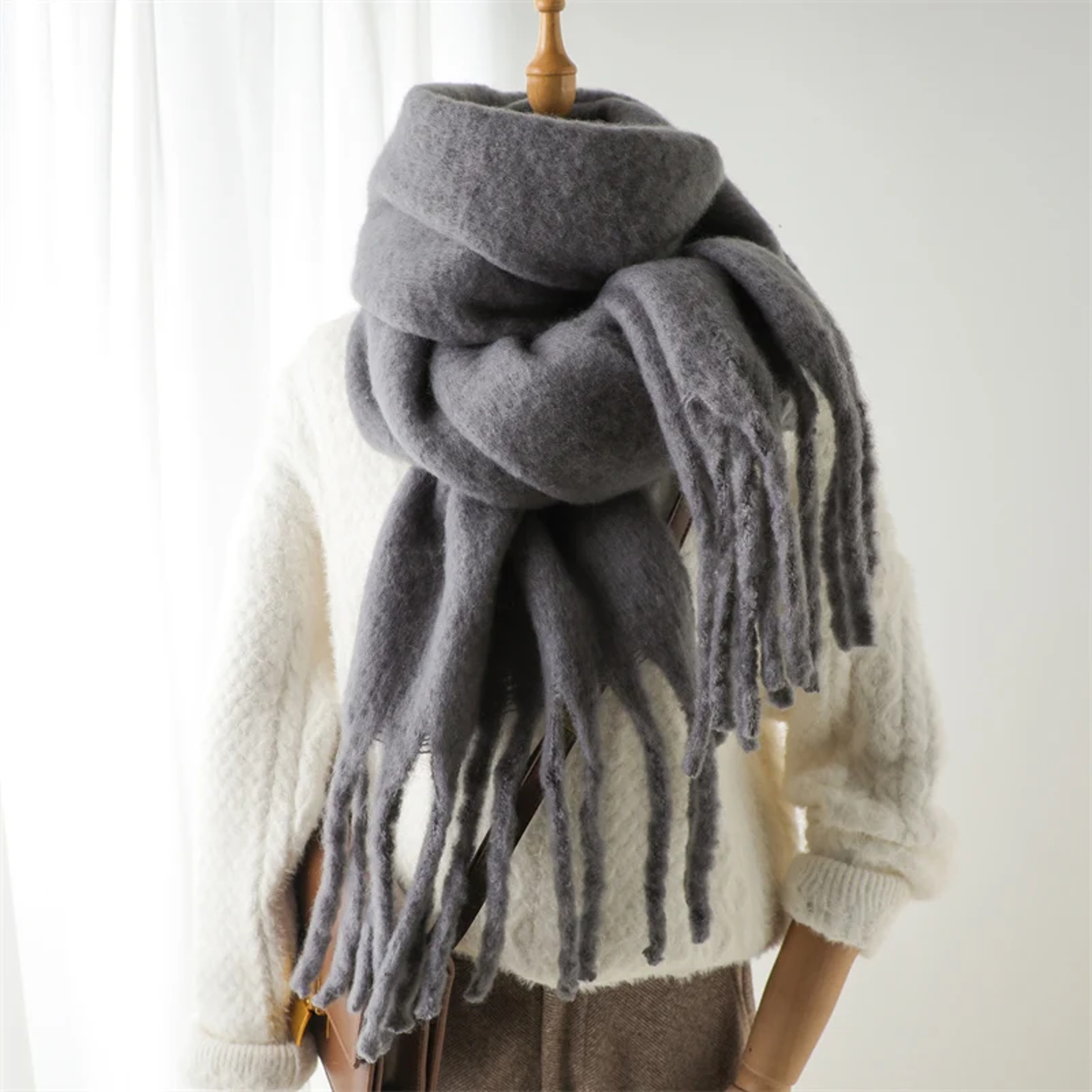 Womens Winter Scarf with Solid Knit Design and Large Tassels – view 5