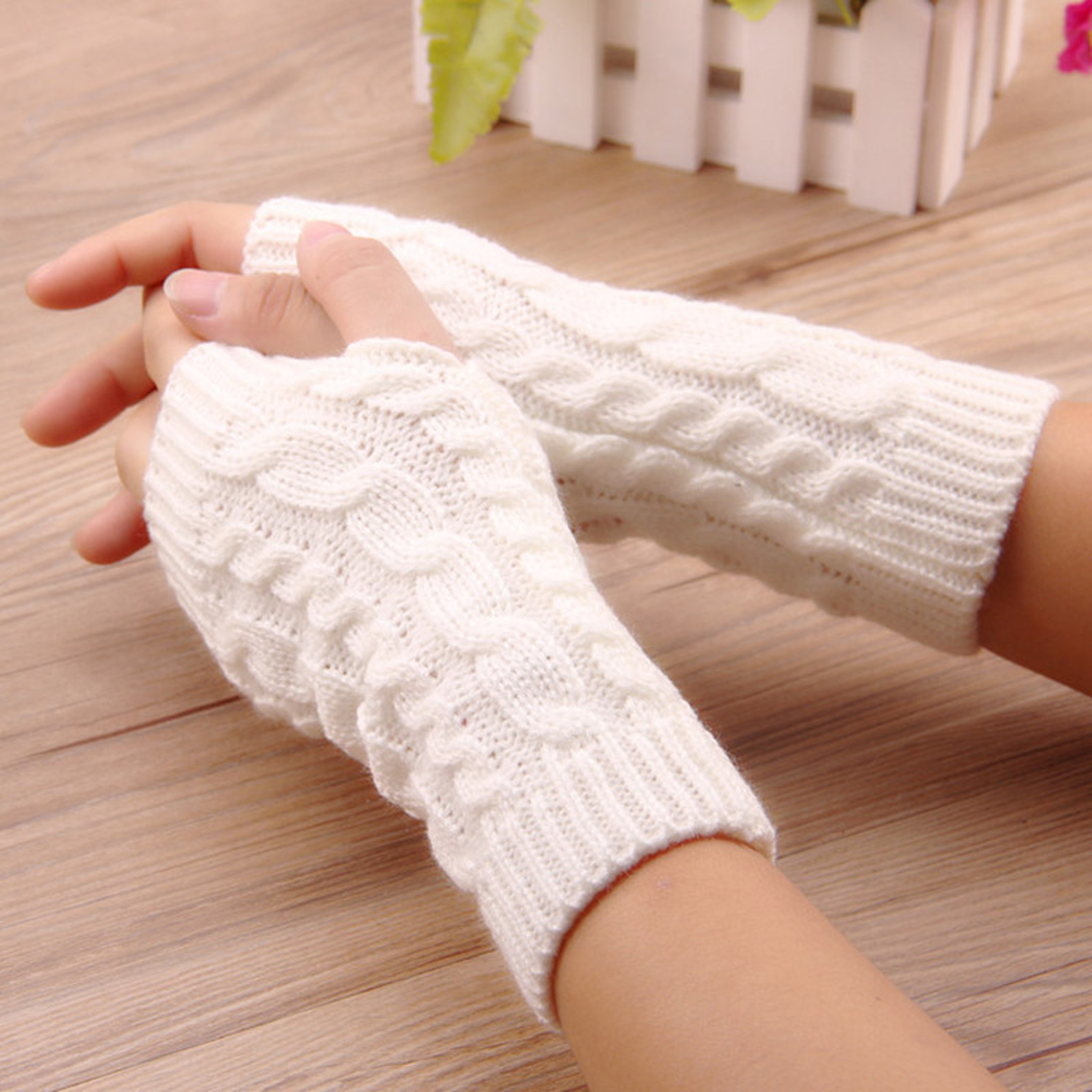 Women Fingerless Winter Gloves Soft Knit Wrist Length Hand Warmers 0