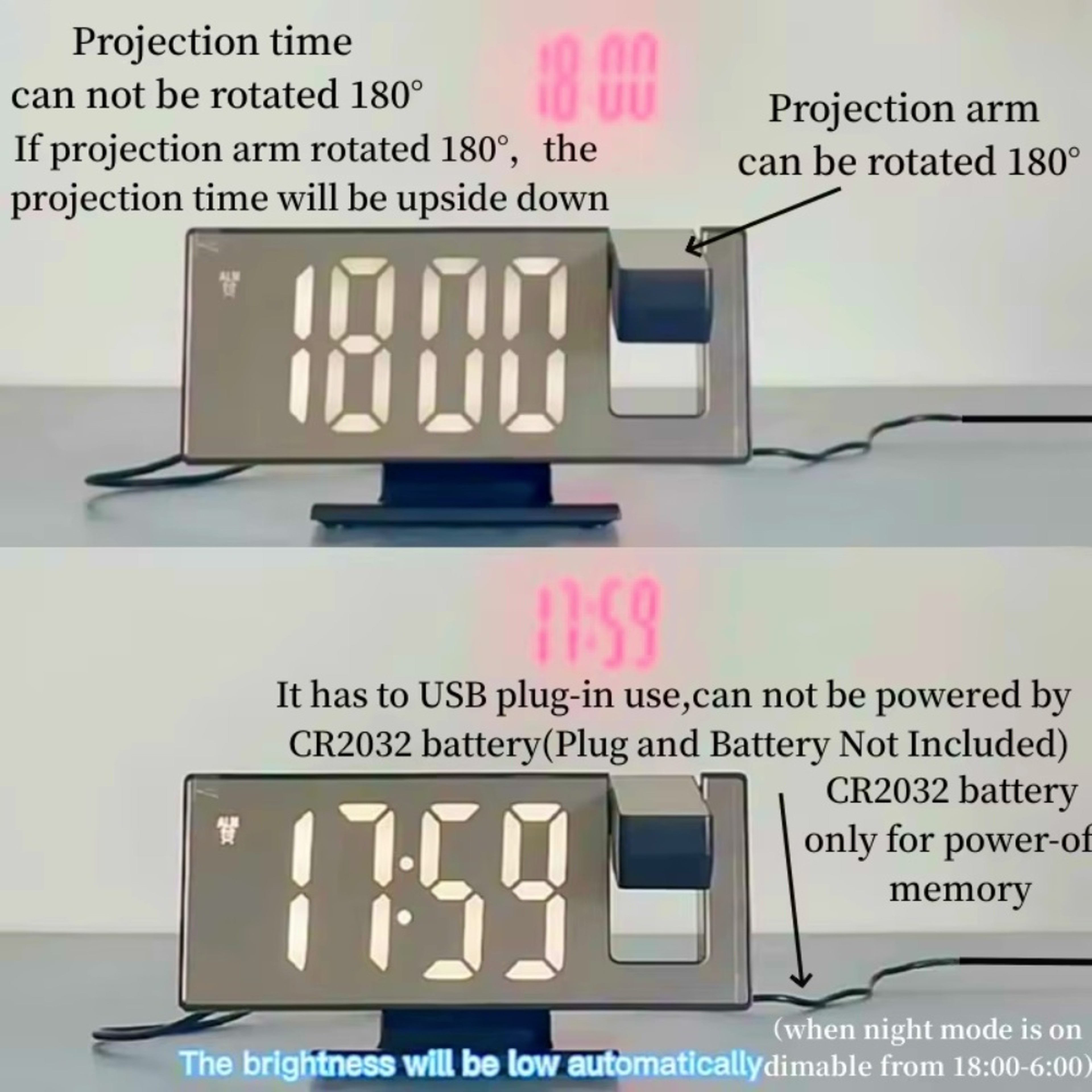 Projection Digital Alarm Clock With LED Display USB Power And Snooze 2