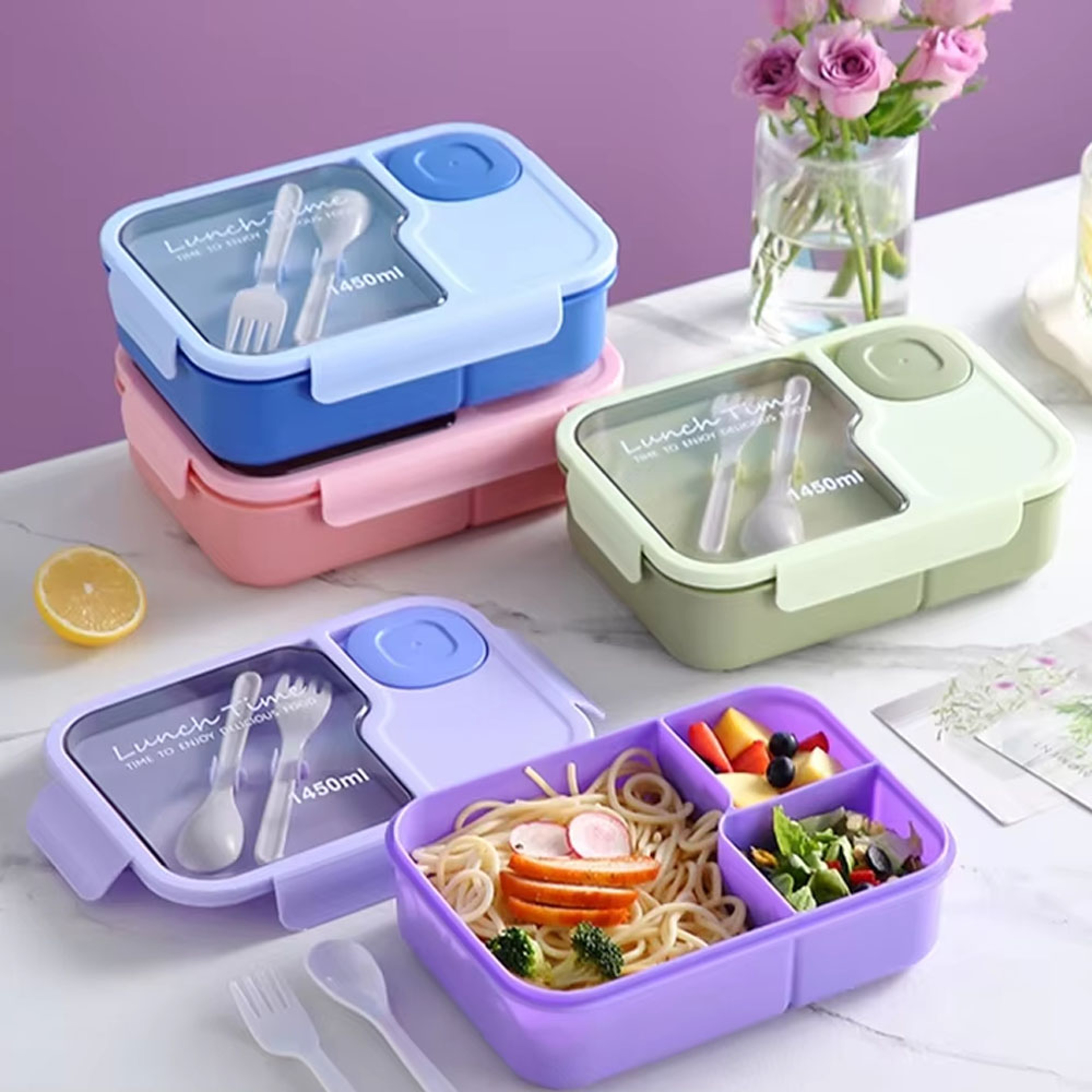 Kids Bento Lunch Box with three Compartments Leakproof Microwaveable Design and Tableware – view 1