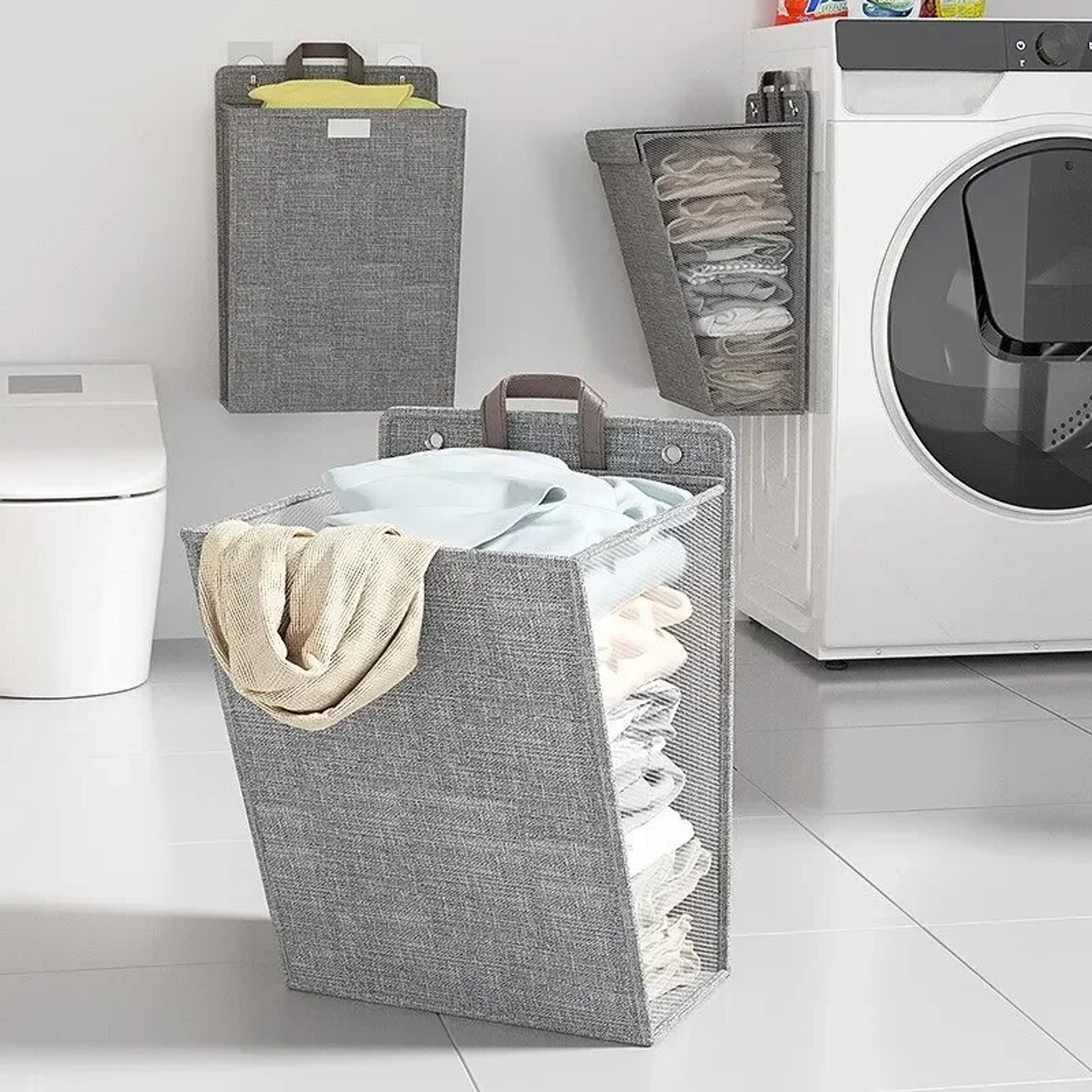 Foldable Wall Mounted Laundry Hamper With Adhesive Installation 1