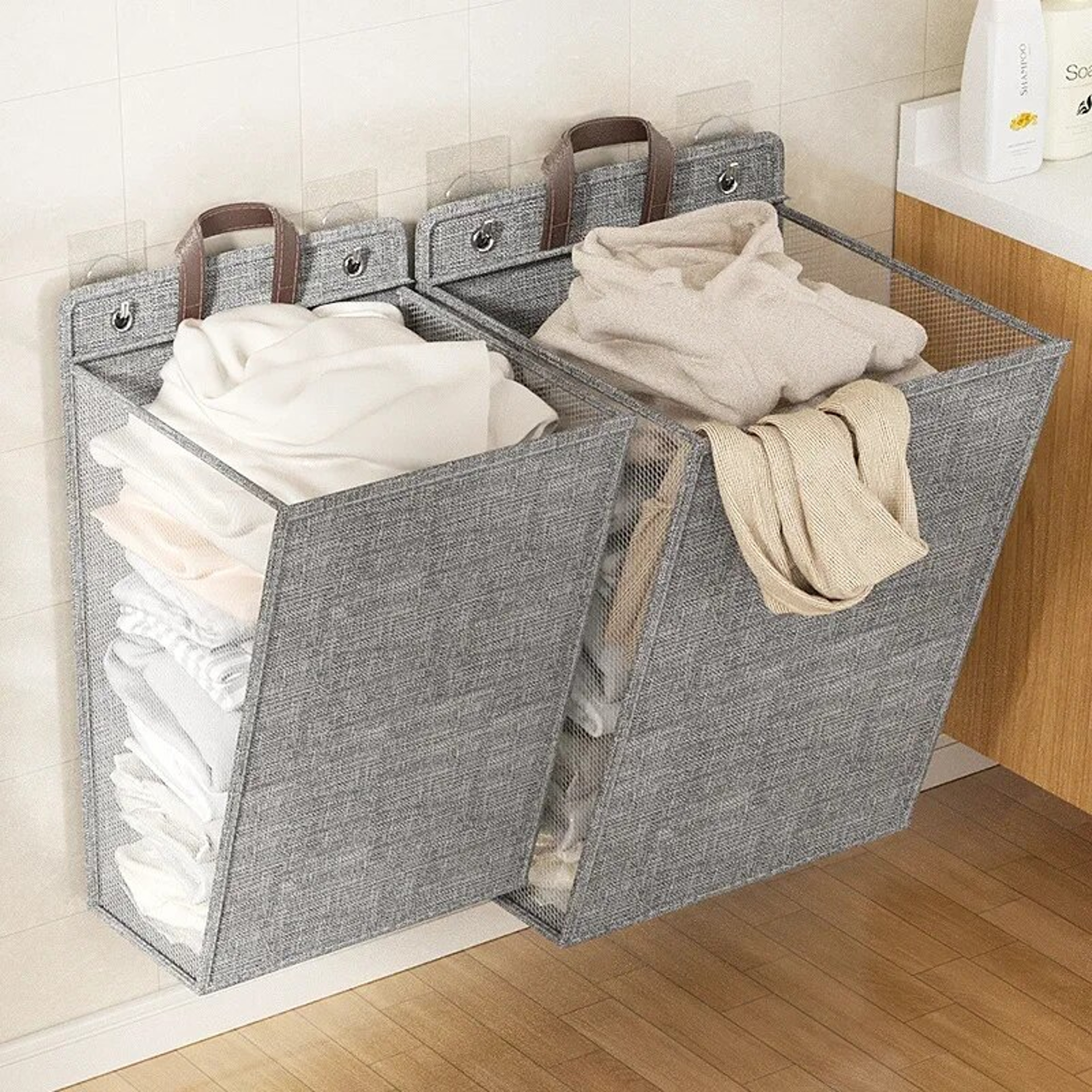 Foldable Wall Mounted Laundry Hamper With Adhesive Installation 3