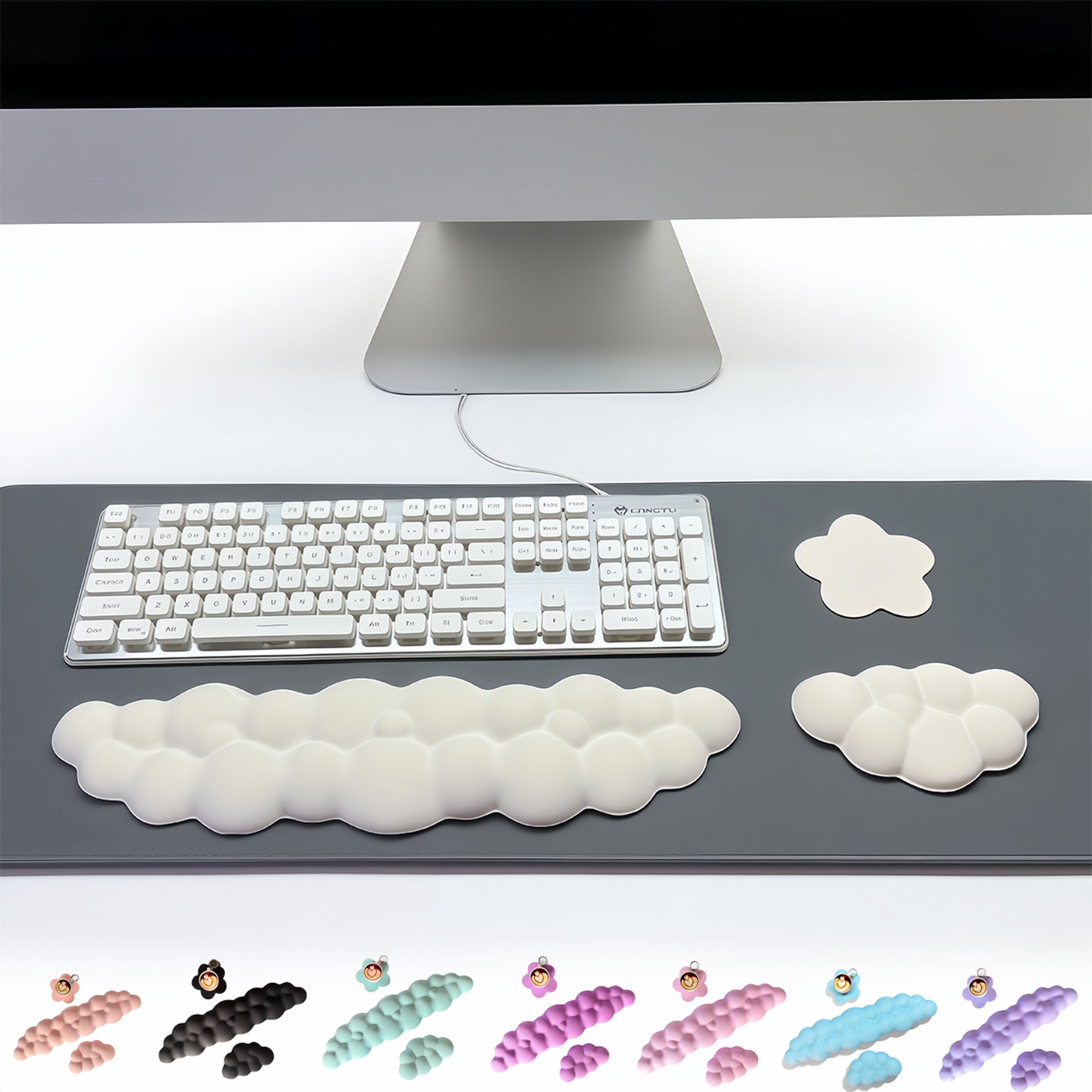Cloud Keyboard Wrist Rest Set with Non Slip Base and Floral Desktop Coaster – view 1