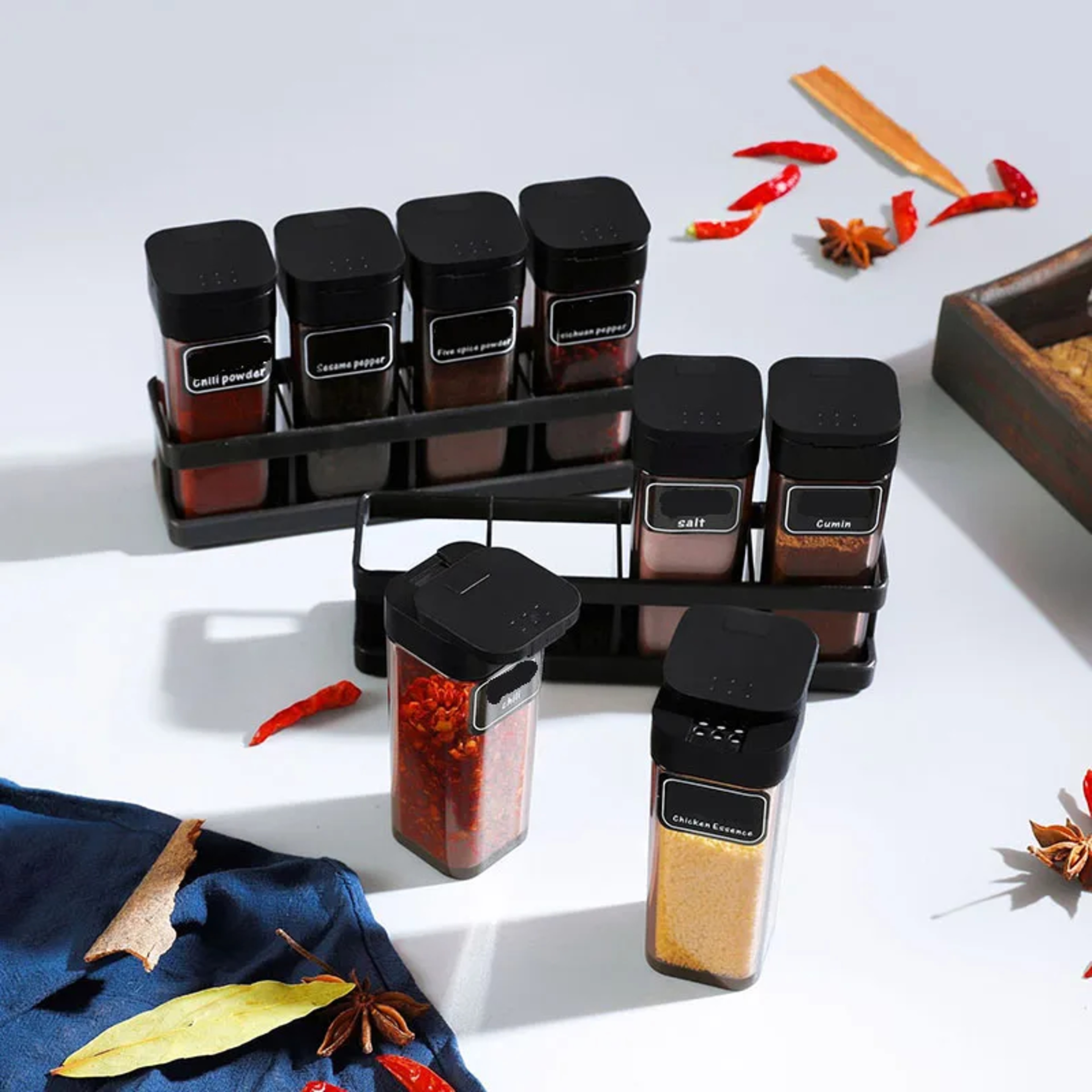 Stackable Spice Organizer Set With Airtight Lids And Plastic Storage Jars 4