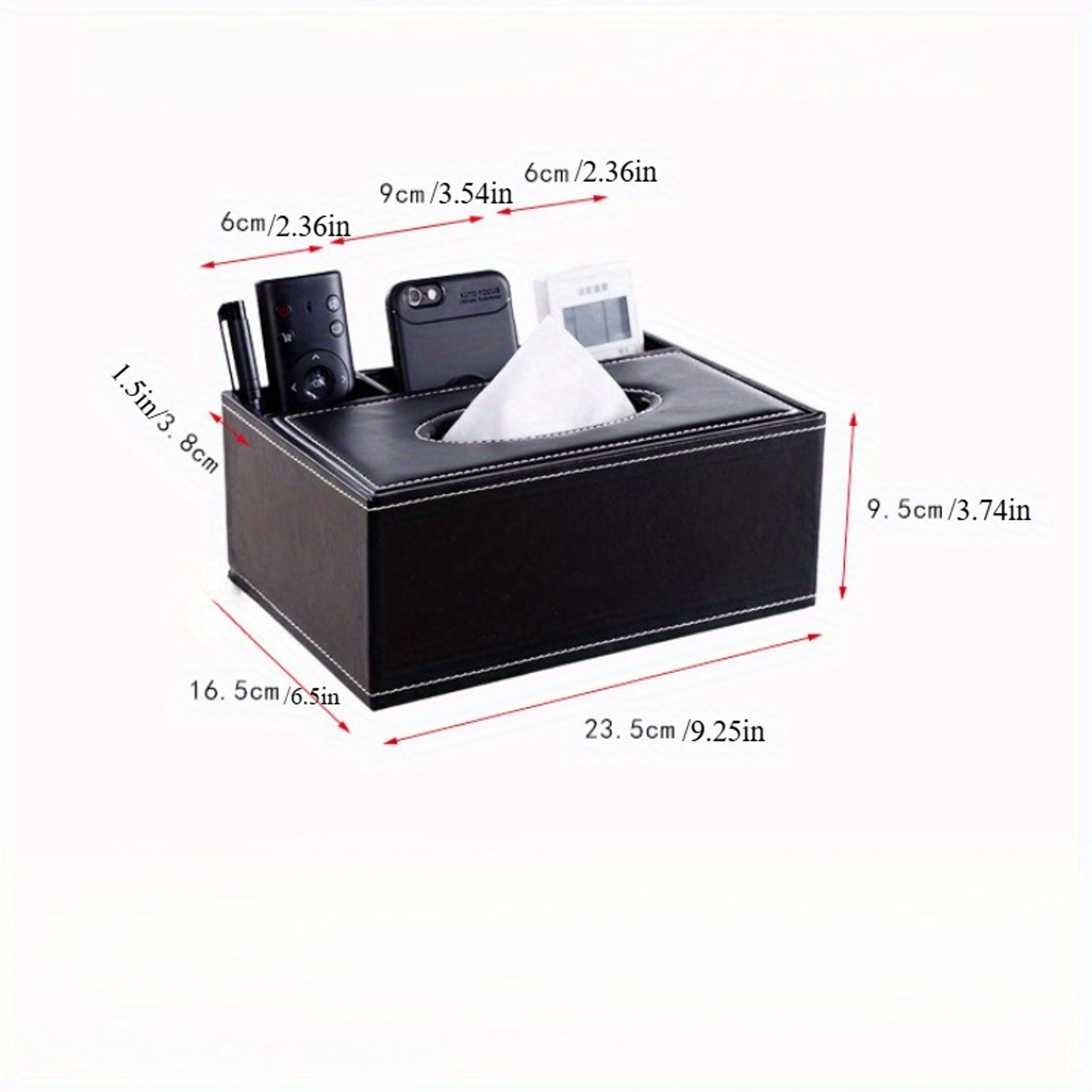 Faux Leather Tissue Box Cover With Integrated Remote Holder And Storage Organizer 2