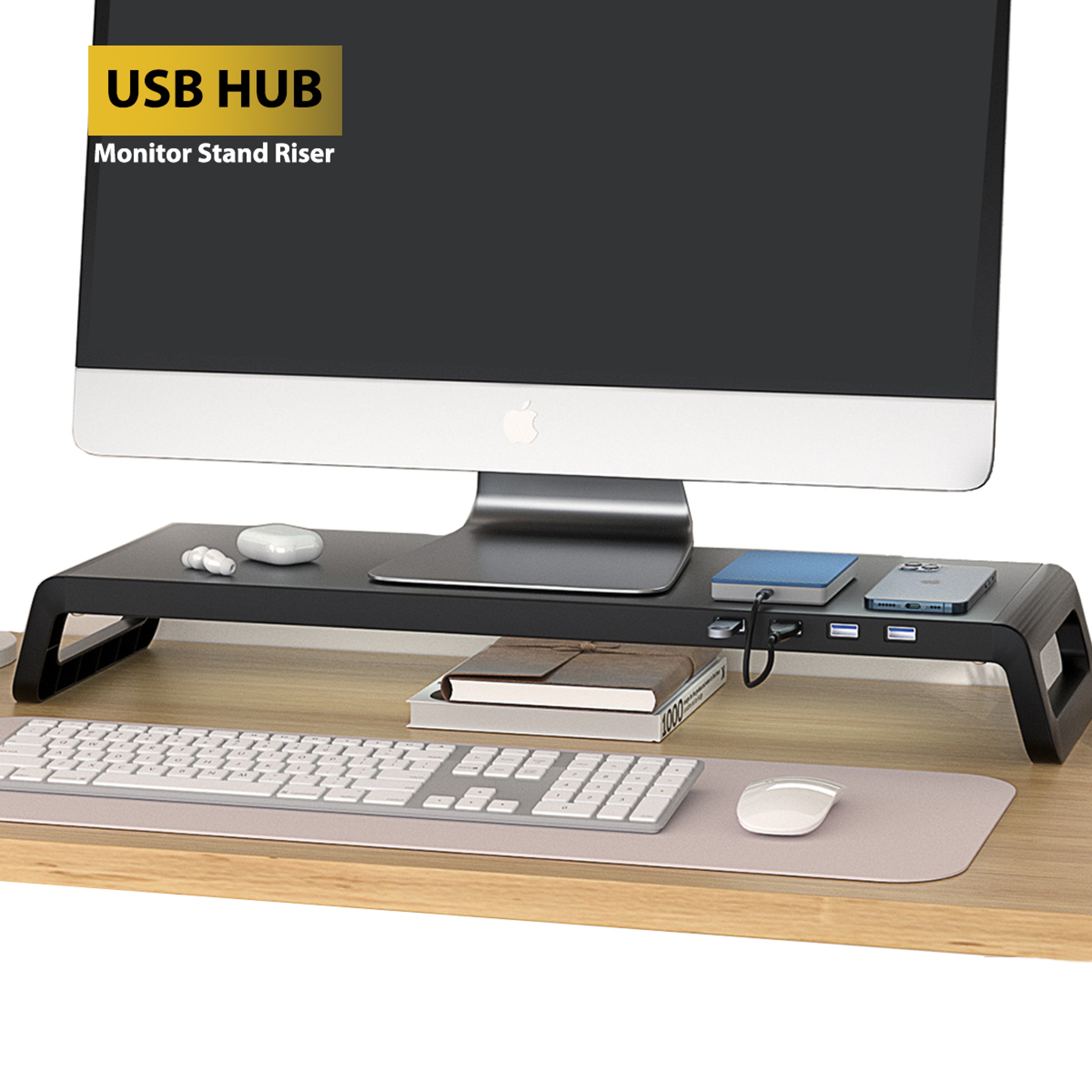 Monitor Stand Riser with Optional USB Hub and Keyboard Storage – view 1