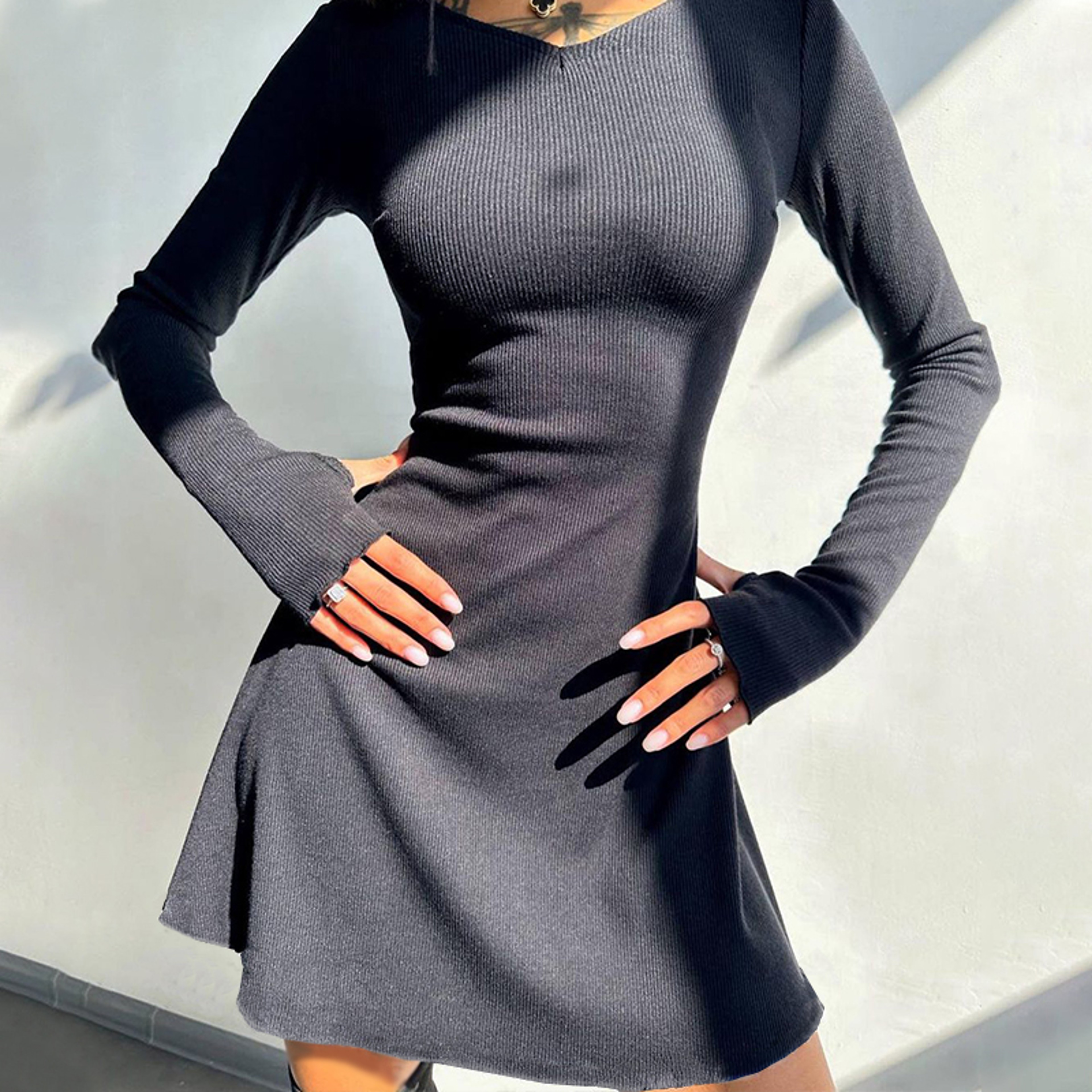 Womens Black V-Neck Long Sleeve Mini Dress with Slim Fit and Sash Detail – view 2
