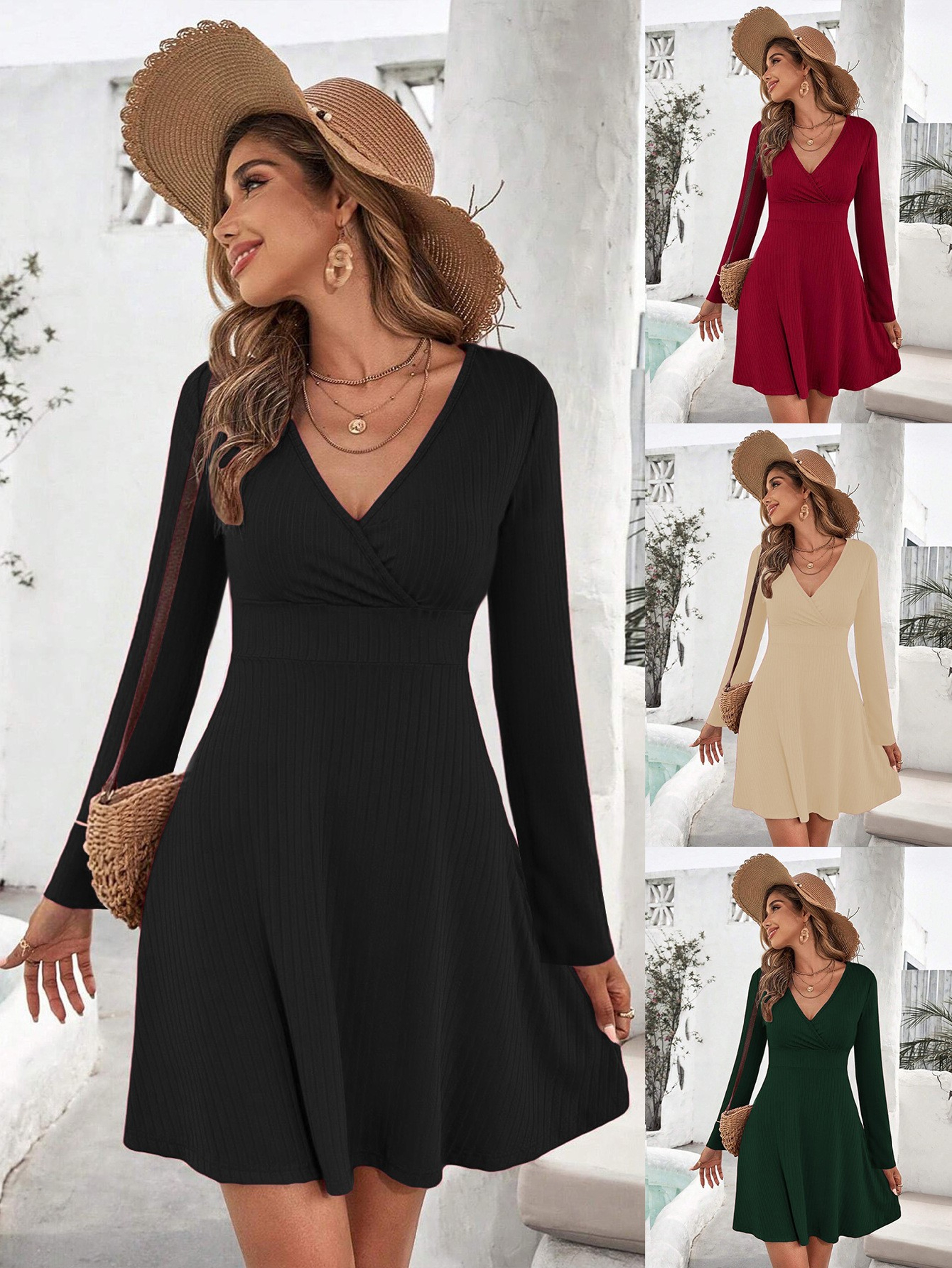Womens V-Neck A-Line Mini Dress with Slight Stretch for Fall and Winter – view 1