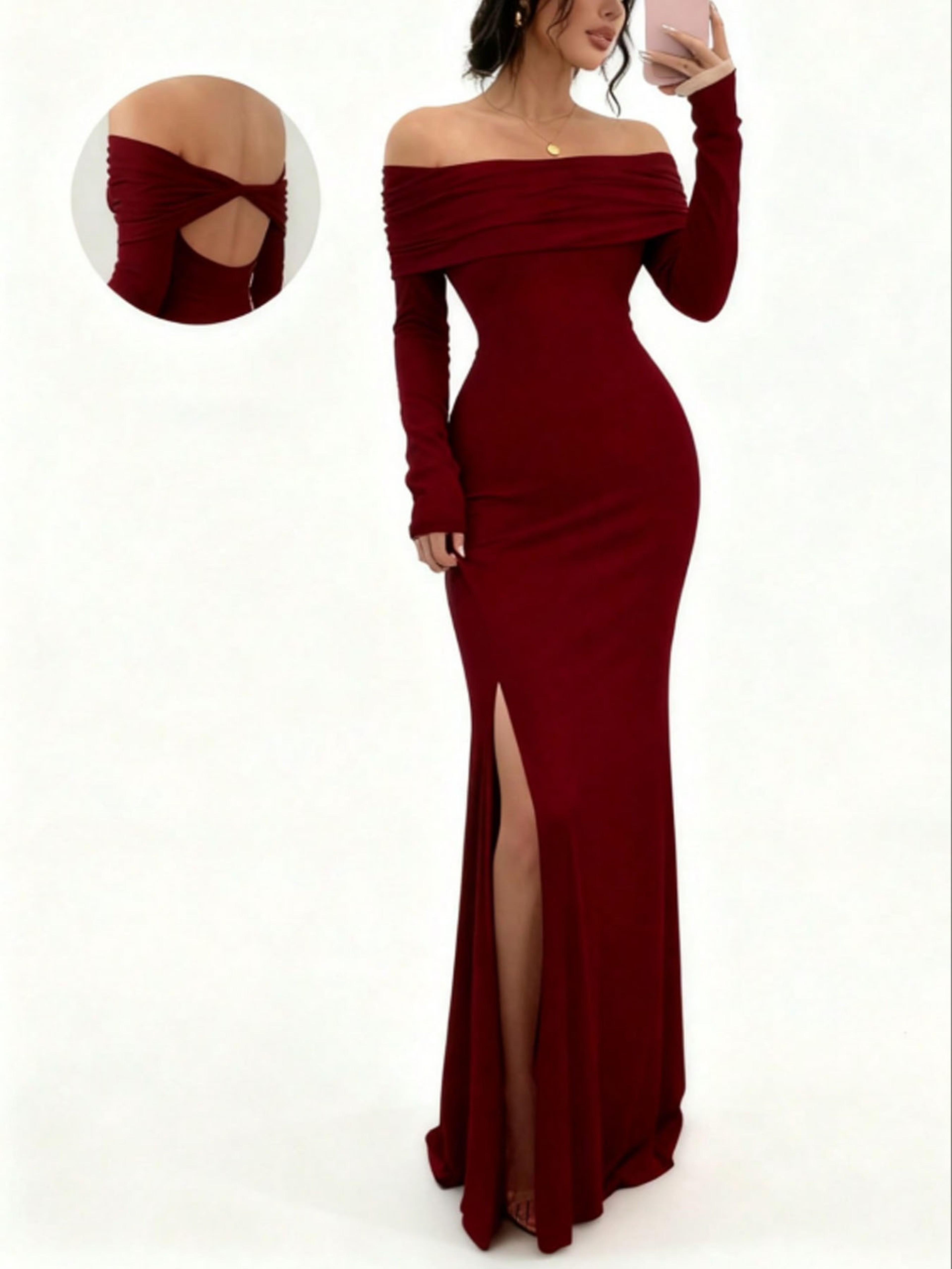 Womens Off-Shoulder Bodycon Dress with Long Sleeves and Side Slit – view 1