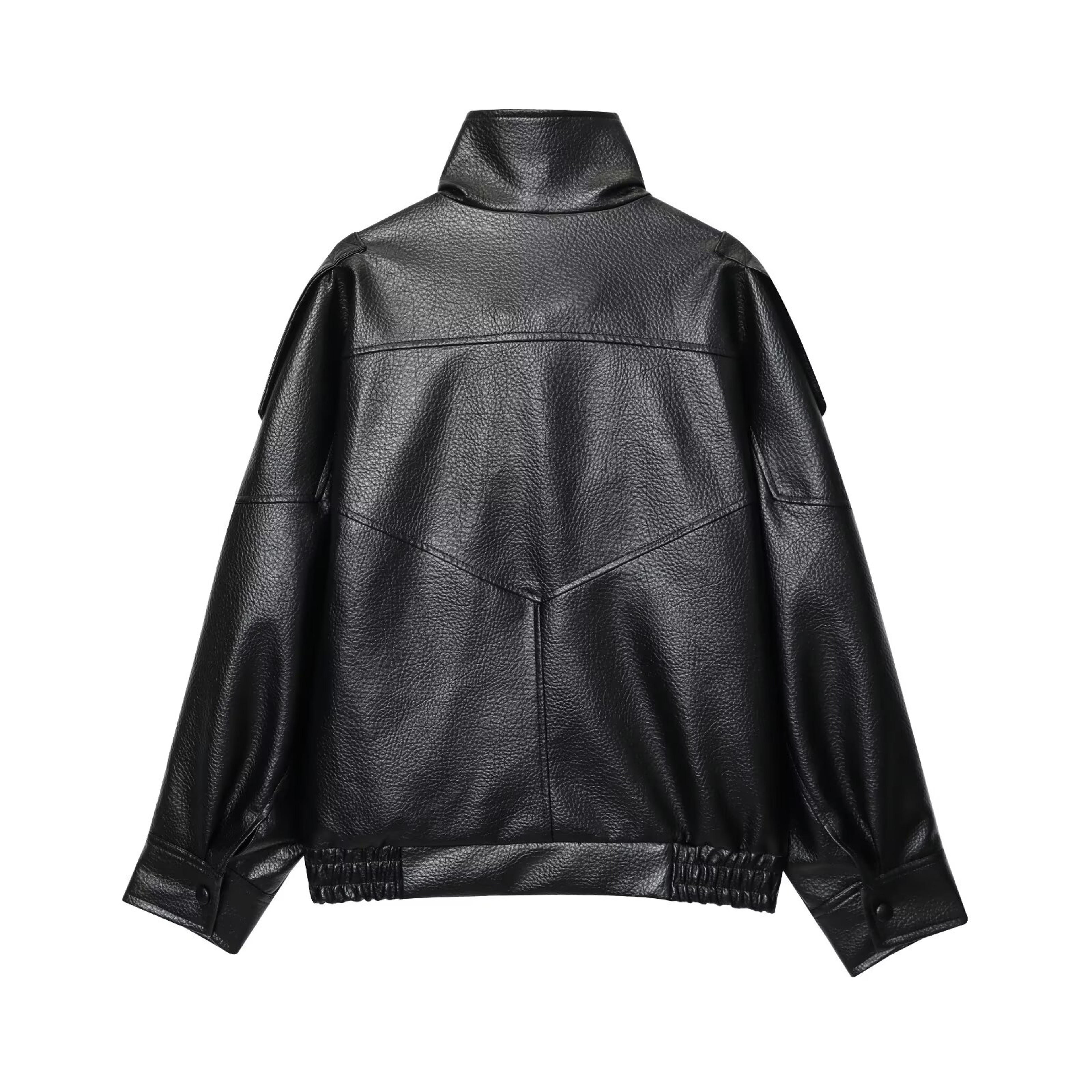 Womens Black Faux Leather Jacket with Zipper Closure and Oversized Fit – view 4