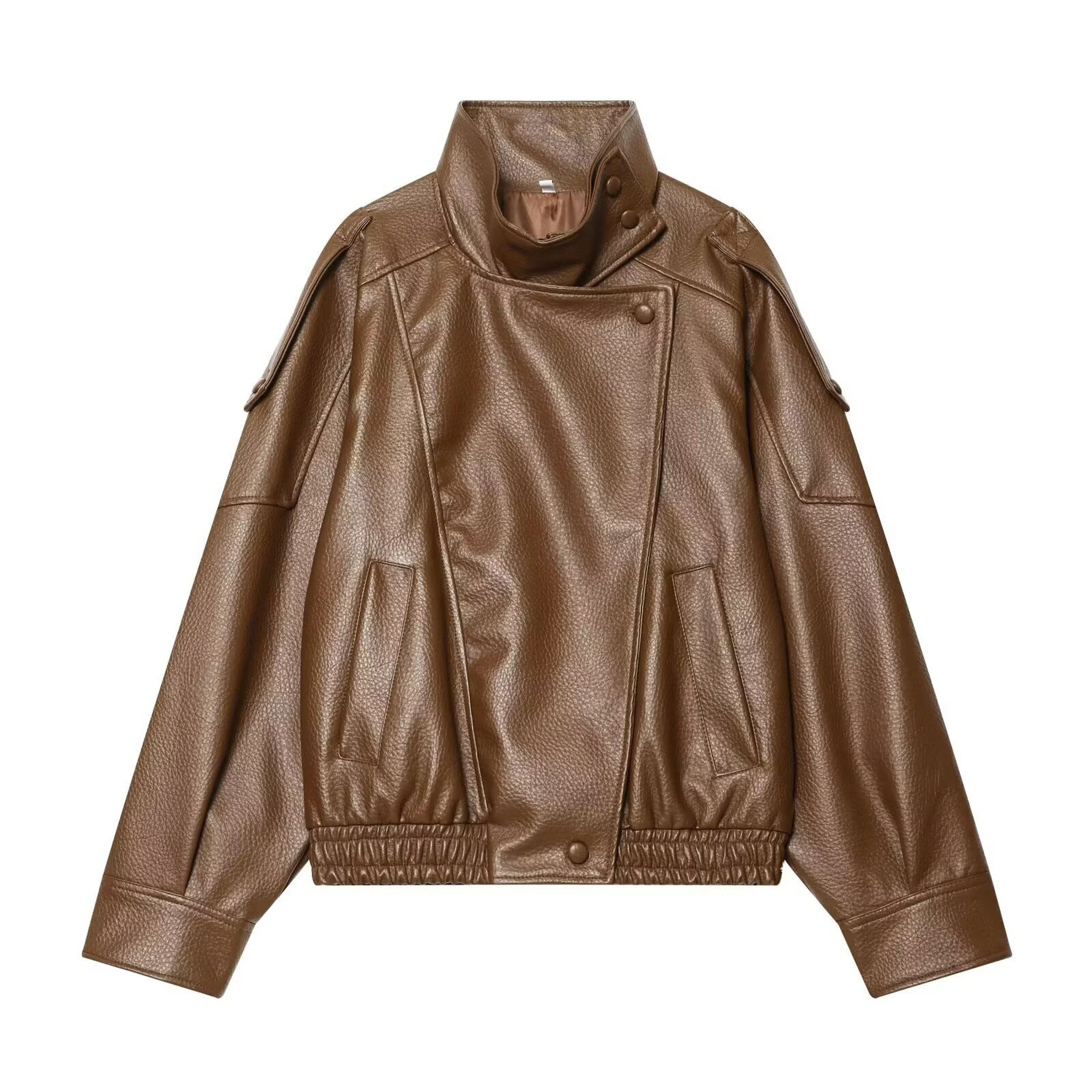Womens Black Faux Leather Jacket with Zipper Closure and Oversized Fit – view 7