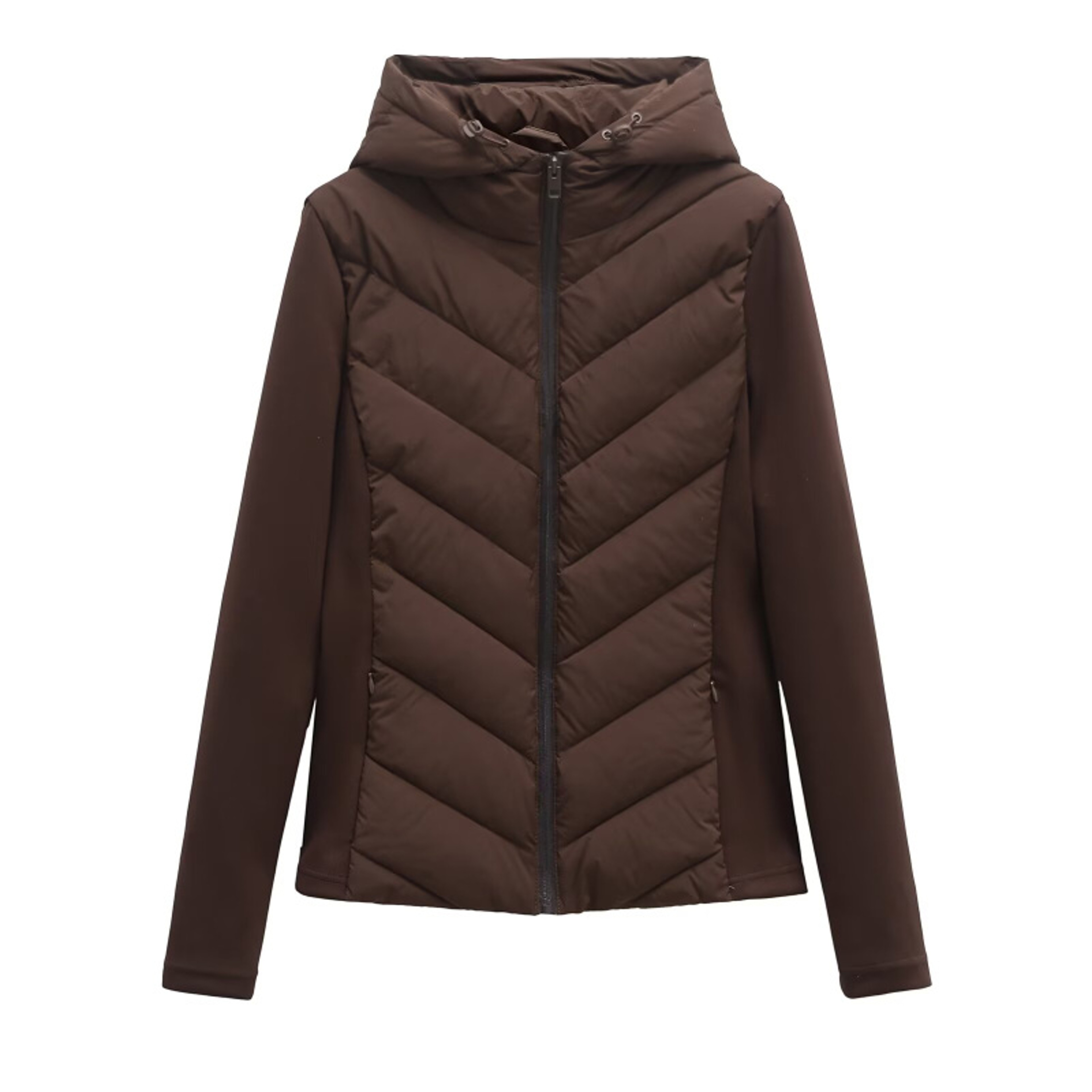 Womens Quilted Jacket with Hooded Stand Collar and Patchwork Design – view 11