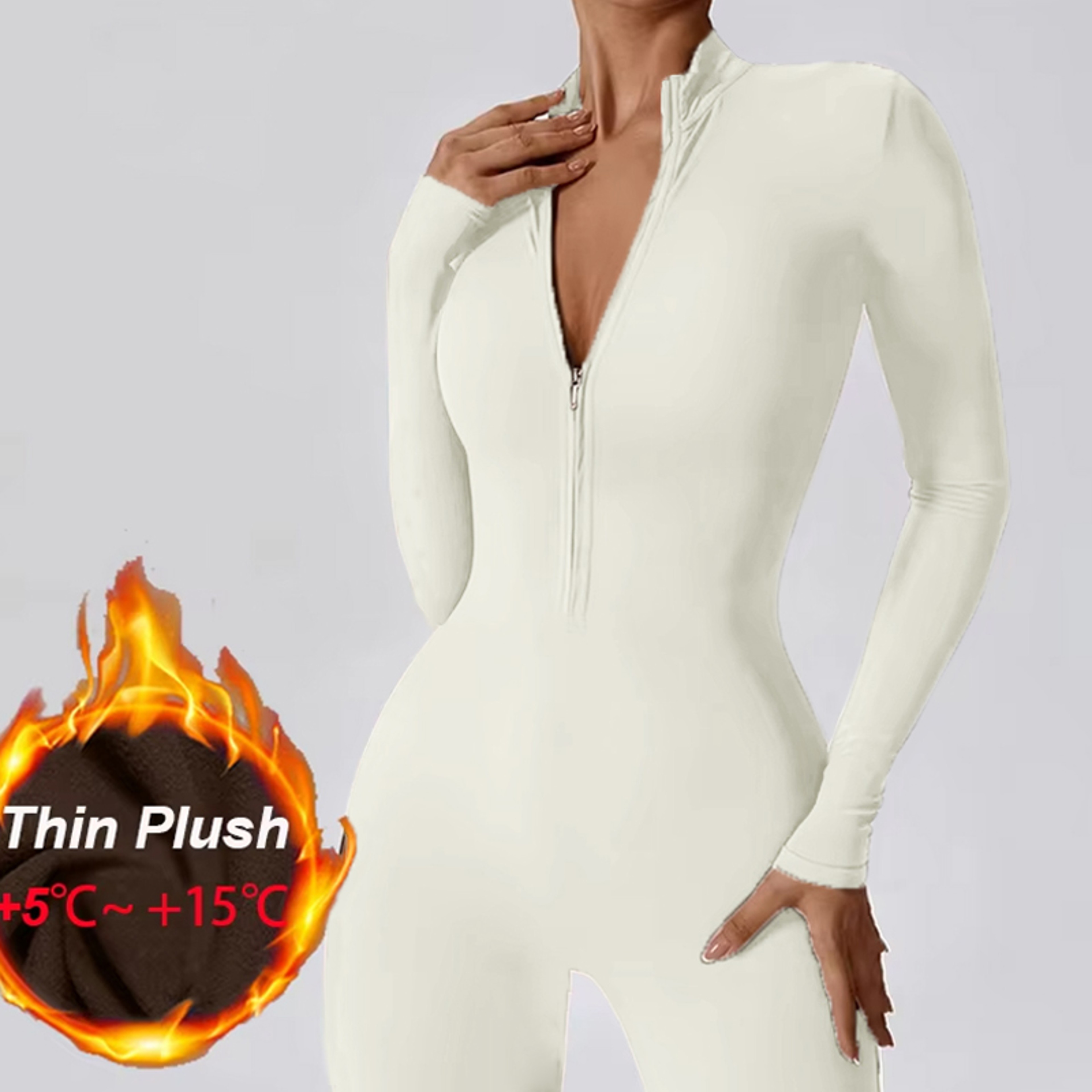 Womens Fleece Jumpsuit Long Sleeve Slim Fit Winter Workout Bodysuit – view 9