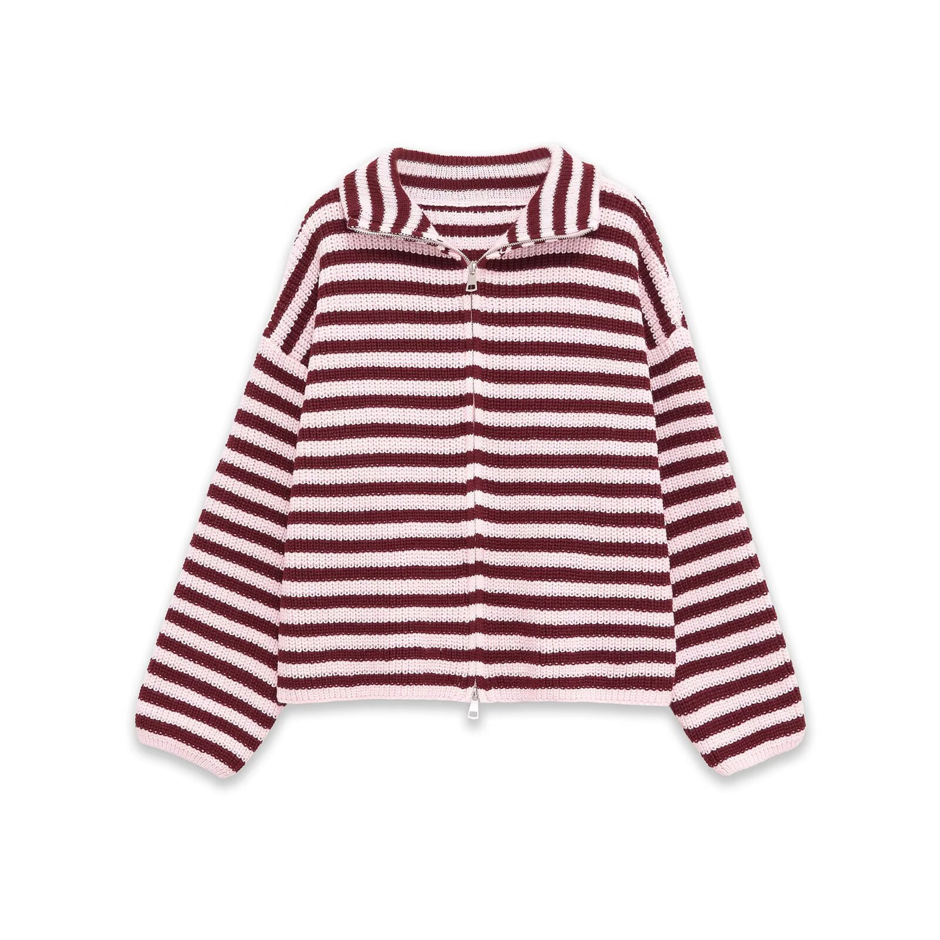 Womens Striped Knit Cardigan Sweater with Turtleneck and Zip-Up Front – view 7