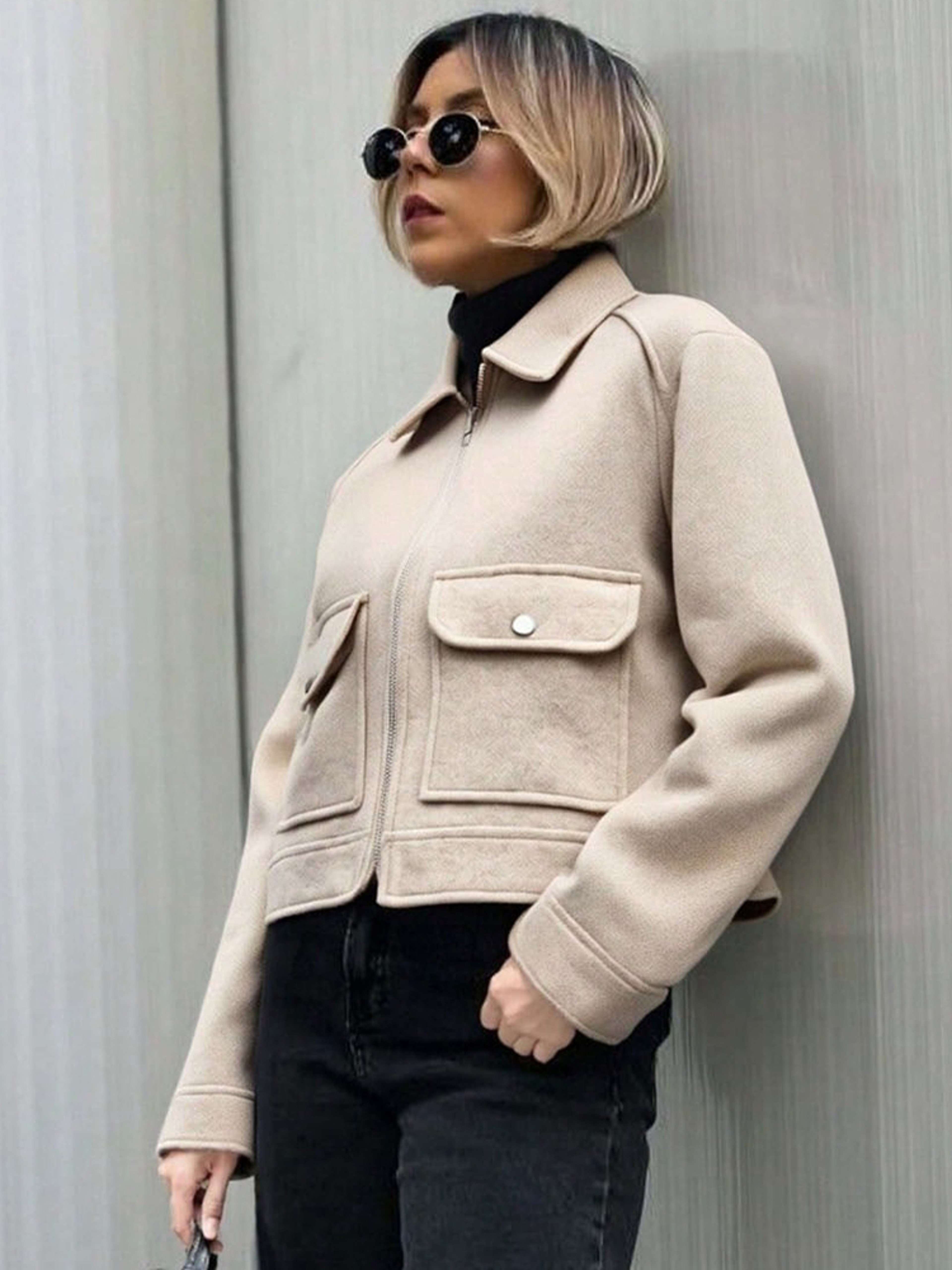 Womens Zipper Jacket With Pockets And TurnDown Collar Casual Long Sleeve Outerwear 3