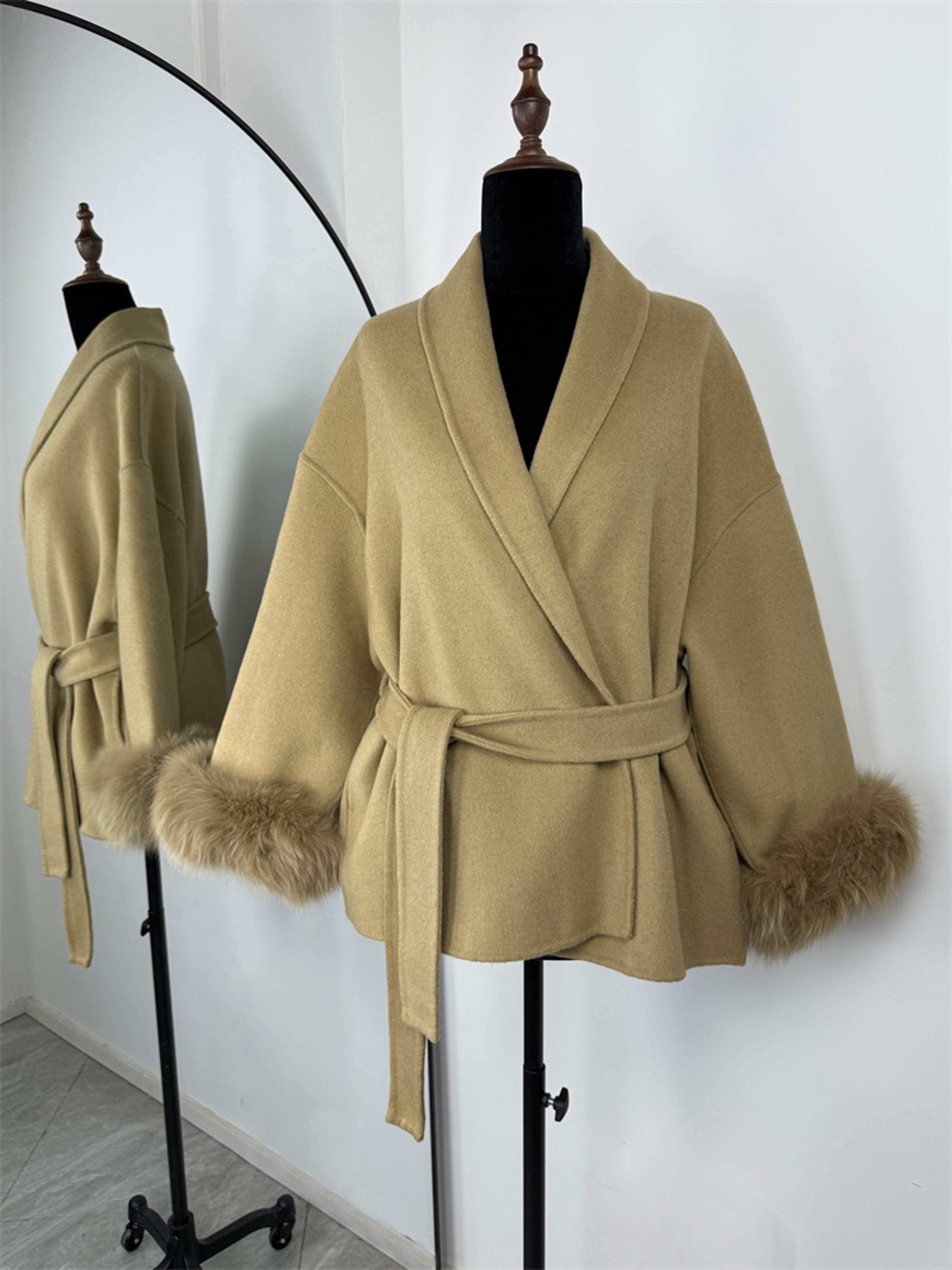 Womens Wool Blend Short Coat with Adjustable Waist and V-Neck – view 12